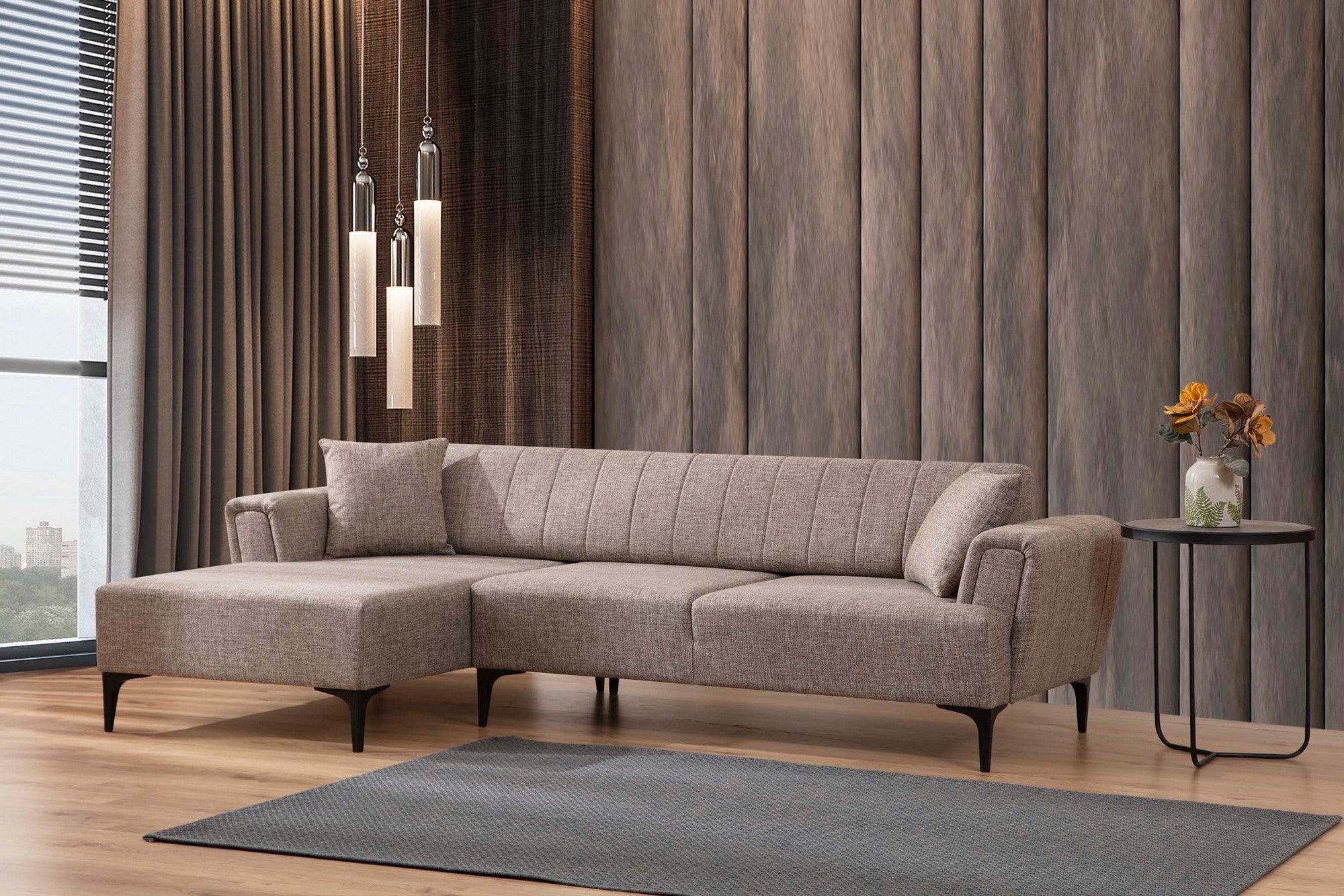 Sofá-cama de canto elegante, marrom claro, 140 x 270 cm | Estrutura em madeira de faia e aglomerado, 100% poliéster | Mecanismo de encosto giratório, design de fácil manutenção