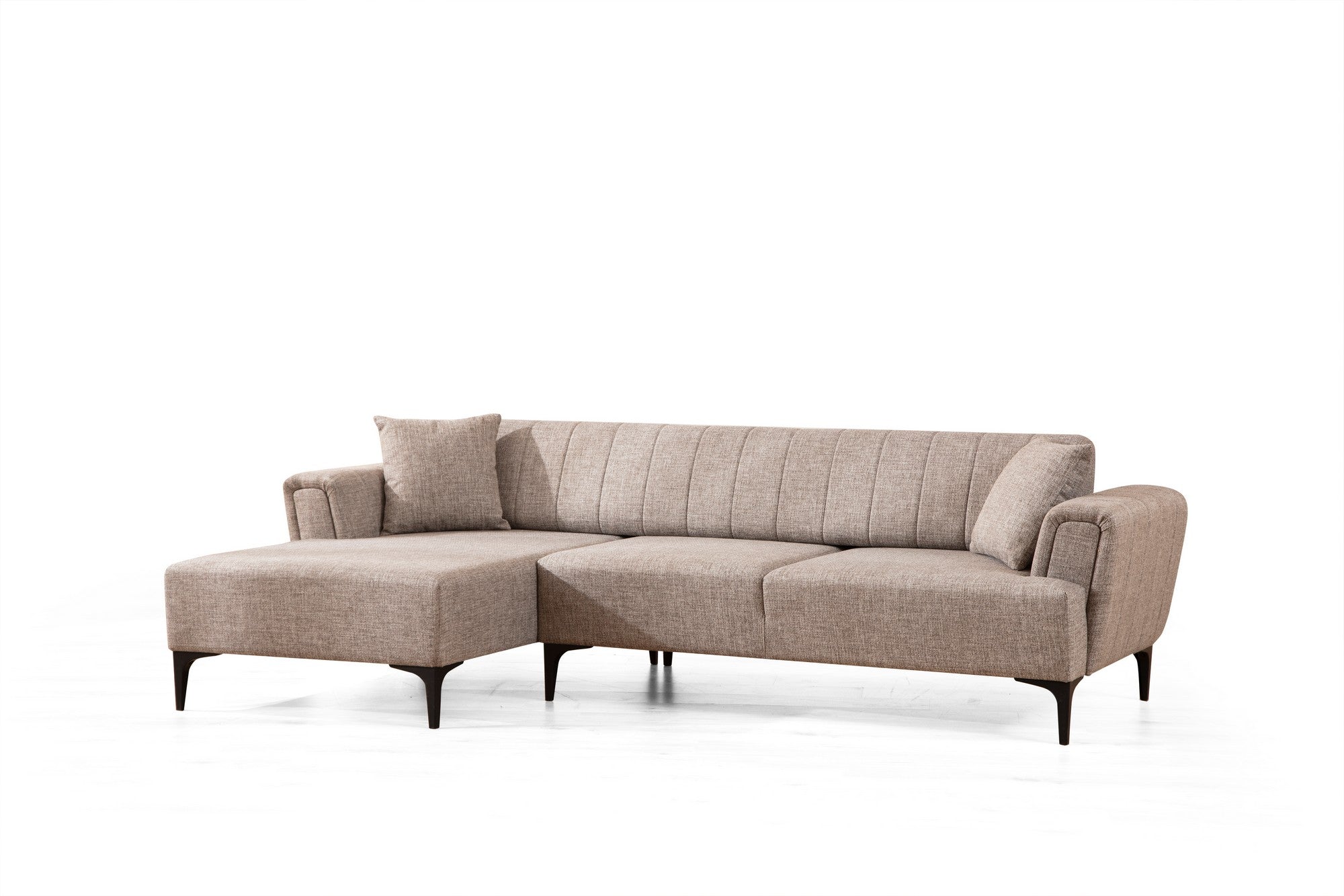 Sofá-cama de canto elegante, marrom claro, 140 x 270 cm | Estrutura em madeira de faia e aglomerado, 100% poliéster | Mecanismo de encosto giratório, design de fácil manutenção