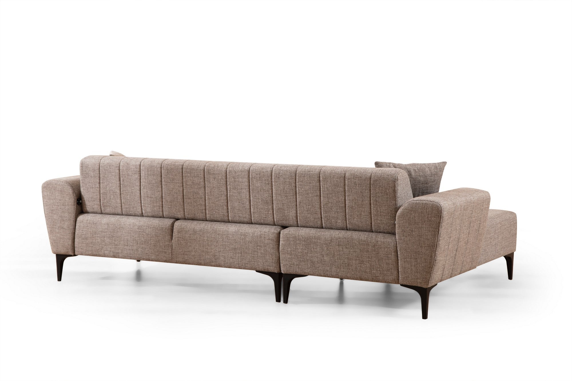 Sofá-cama de canto elegante, marrom claro, 140 x 270 cm | Estrutura em madeira de faia e aglomerado, 100% poliéster | Mecanismo de encosto giratório, design de fácil manutenção