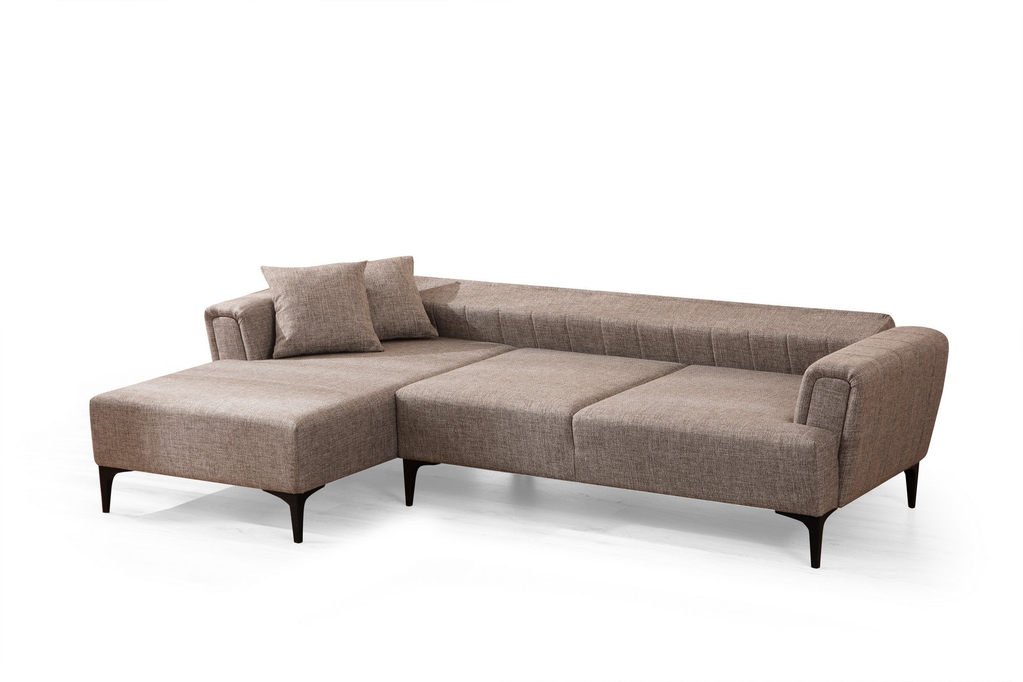 Sofá-cama de canto elegante, marrom claro, 140 x 270 cm | Estrutura em madeira de faia e aglomerado, 100% poliéster | Mecanismo de encosto giratório, design de fácil manutenção