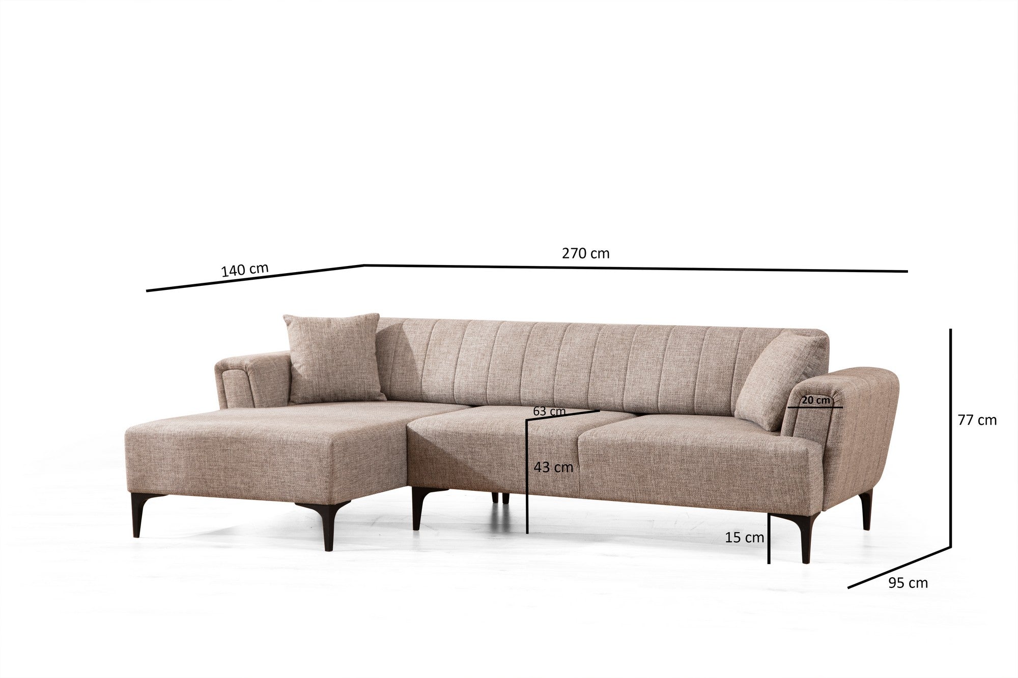 Sofá-cama de canto elegante, marrom claro, 140 x 270 cm | Estrutura em madeira de faia e aglomerado, 100% poliéster | Mecanismo de encosto giratório, design de fácil manutenção