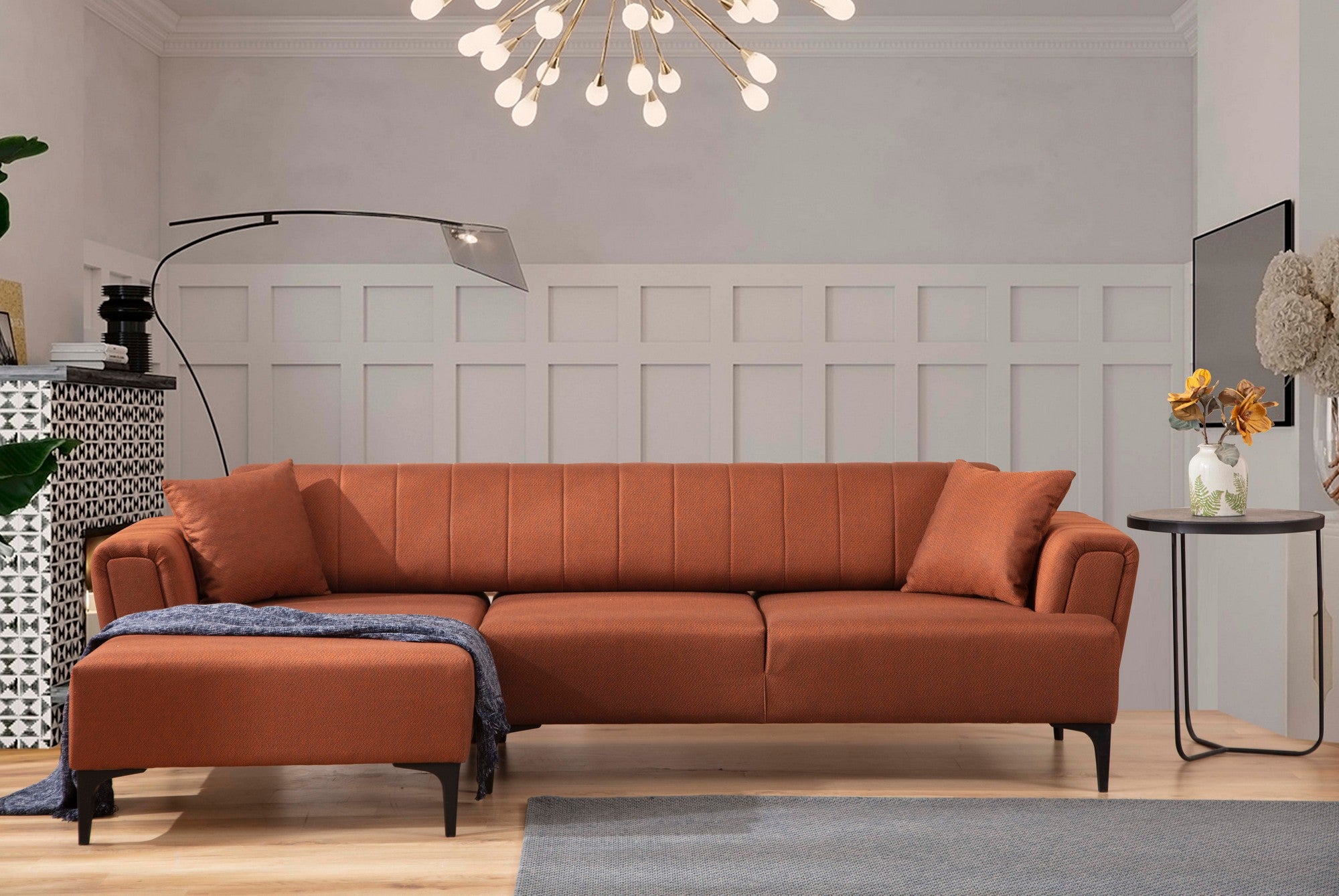 Sofá-cama de canto elegante, vermelho-azulejo, 140x270 cm | Estrutura em madeira de faia e aglomerado, 100% poliéster | Mecanismo giratório, fácil manutenção, design moderno