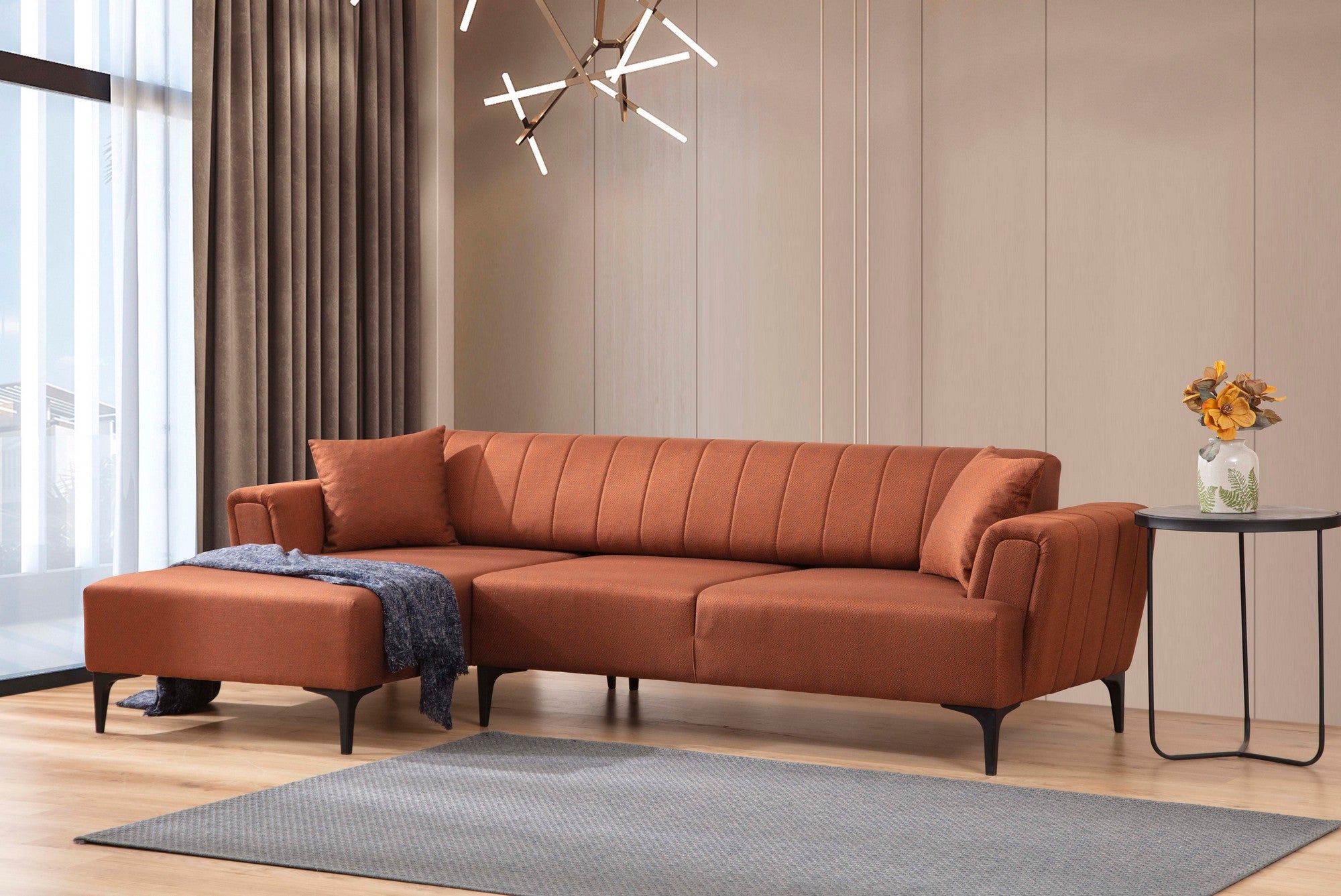 Sofá-cama de canto elegante, vermelho-azulejo, 140x270 cm | Estrutura em madeira de faia e aglomerado, 100% poliéster | Mecanismo giratório, fácil manutenção, design moderno