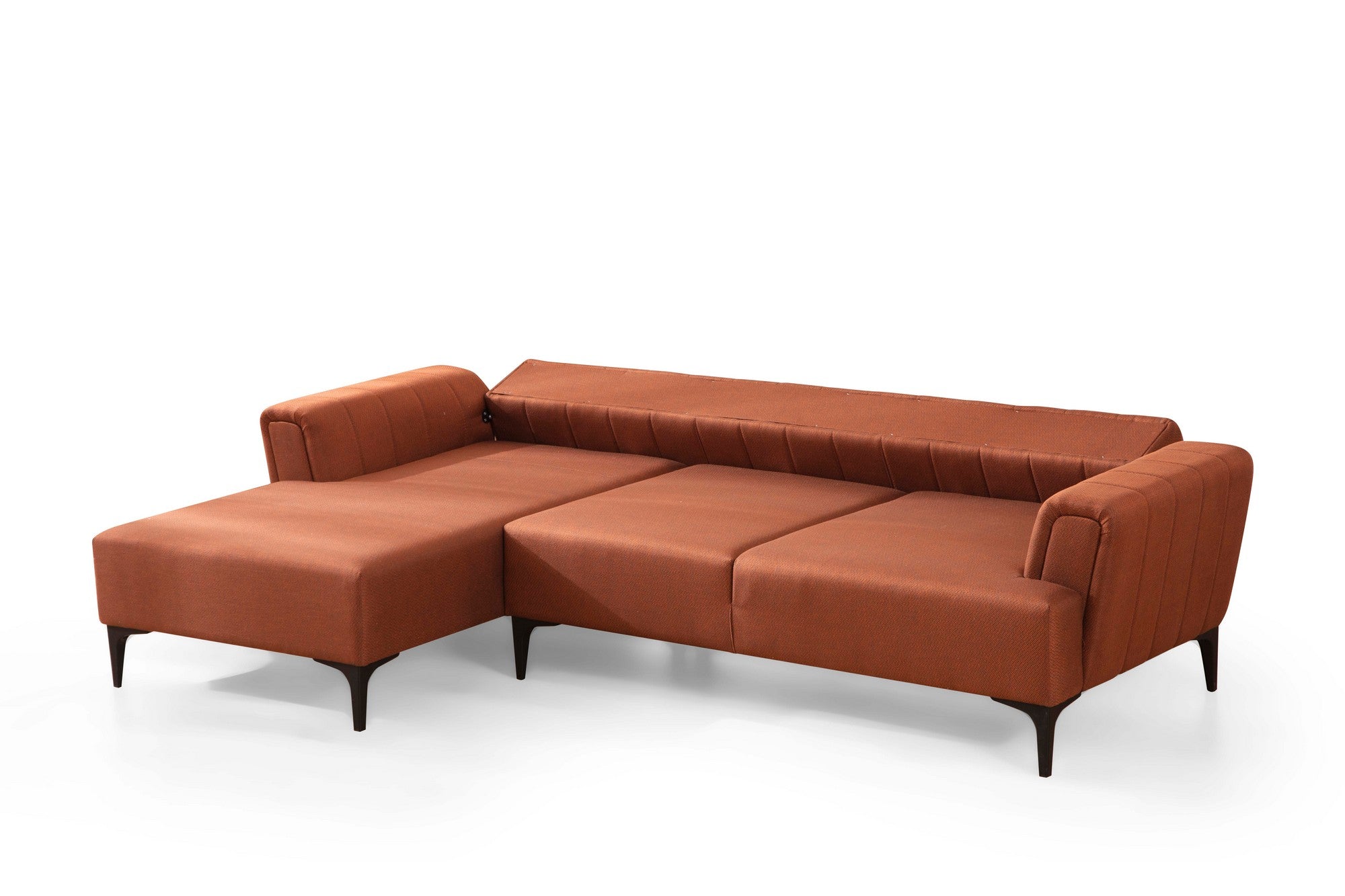 Sofá-cama de canto elegante, vermelho-azulejo, 140x270 cm | Estrutura em madeira de faia e aglomerado, 100% poliéster | Mecanismo giratório, fácil manutenção, design moderno