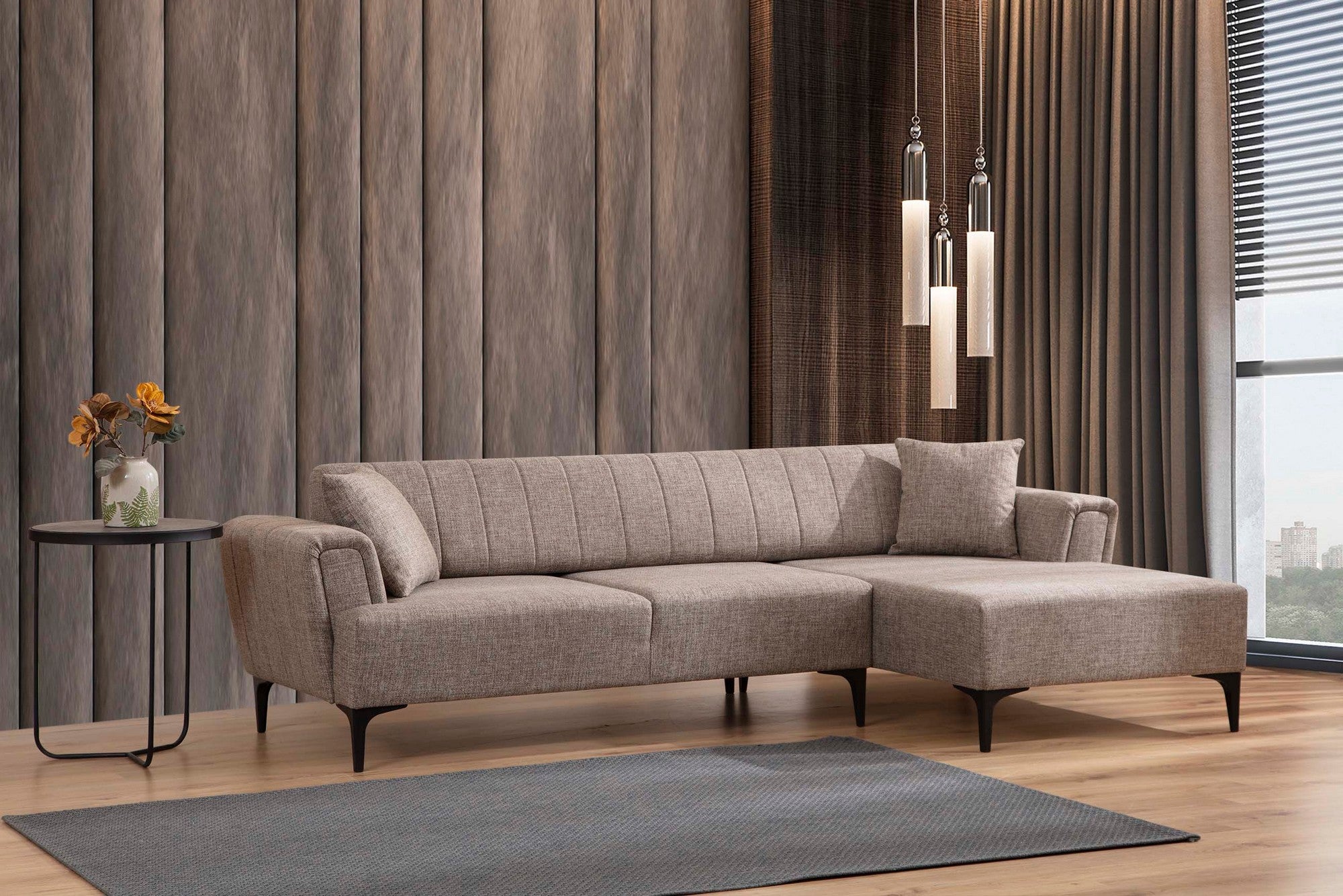 Sofá-cama de canto elegante, marrom claro, 270 x 140 cm | Estrutura em madeira de faia e aglomerado, 100% poliéster, mecanismo giratório nas costas | Perfeito para espaços modernos