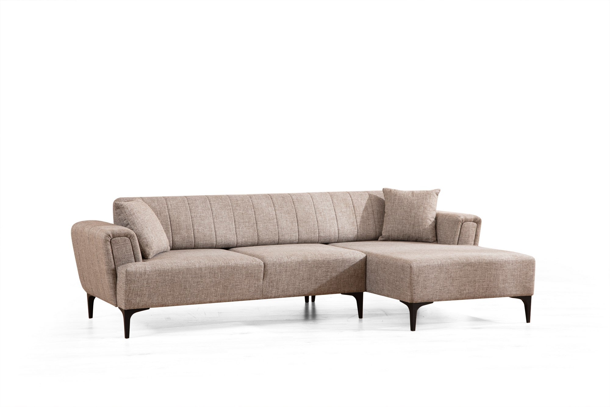 Sofá-cama de canto elegante, marrom claro, 270 x 140 cm | Estrutura em madeira de faia e aglomerado, 100% poliéster, mecanismo giratório nas costas | Perfeito para espaços modernos
