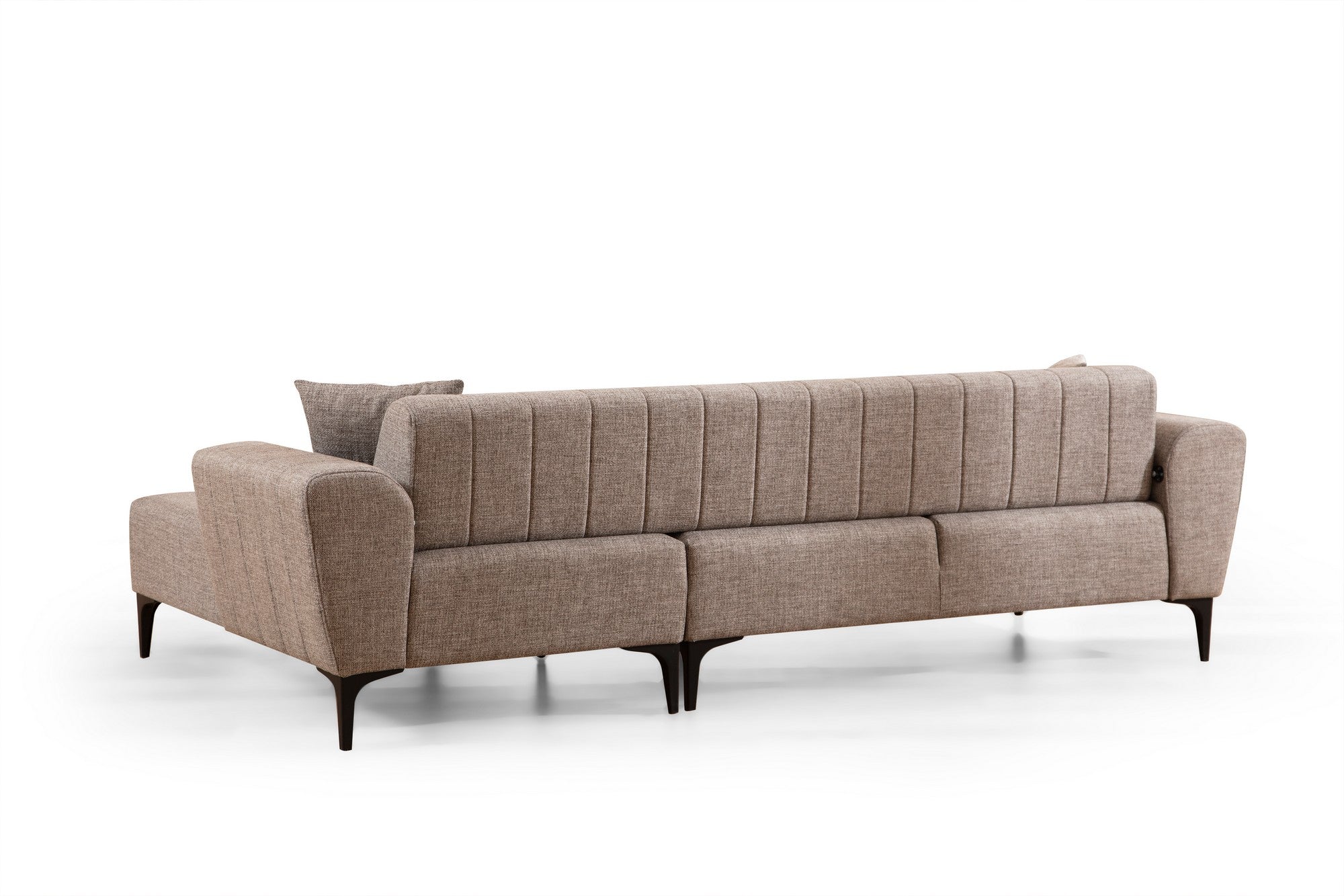 Sofá-cama de canto elegante, marrom claro, 270 x 140 cm | Estrutura em madeira de faia e aglomerado, 100% poliéster, mecanismo giratório nas costas | Perfeito para espaços modernos