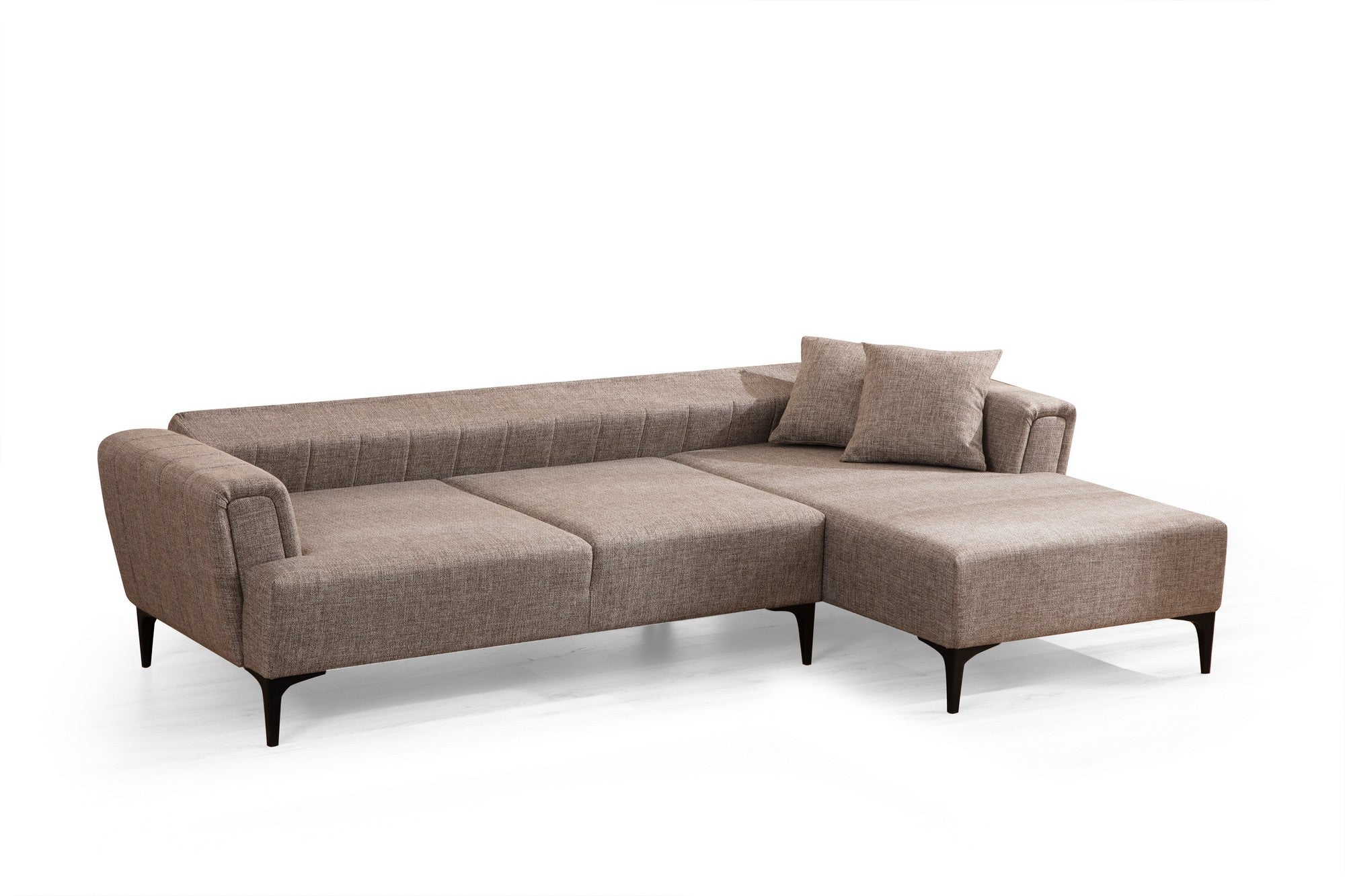 Sofá-cama de canto elegante, marrom claro, 270 x 140 cm | Estrutura em madeira de faia e aglomerado, 100% poliéster, mecanismo giratório nas costas | Perfeito para espaços modernos