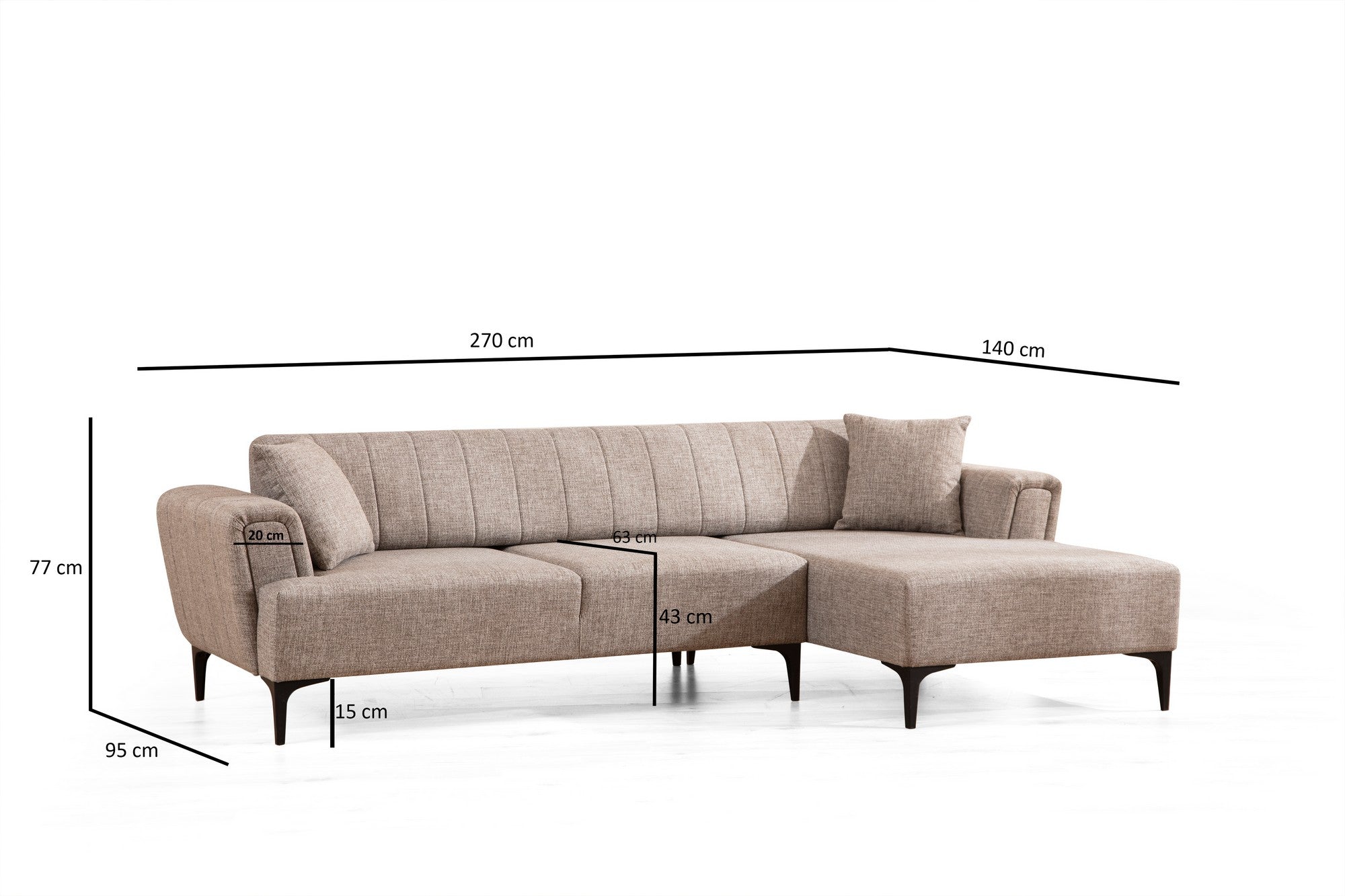 Sofá-cama de canto elegante, marrom claro, 270 x 140 cm | Estrutura em madeira de faia e aglomerado, 100% poliéster, mecanismo giratório nas costas | Perfeito para espaços modernos