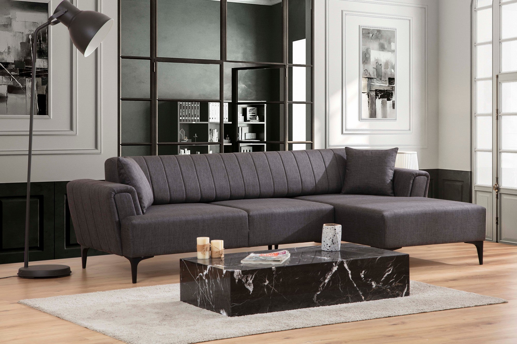 Sofá-cama de canto elegante, cinza escuro, 270x140 cm | Estrutura em madeira de faia e aglomerado, 100% poliéster | Mecanismo giratório, fácil manutenção, design moderno