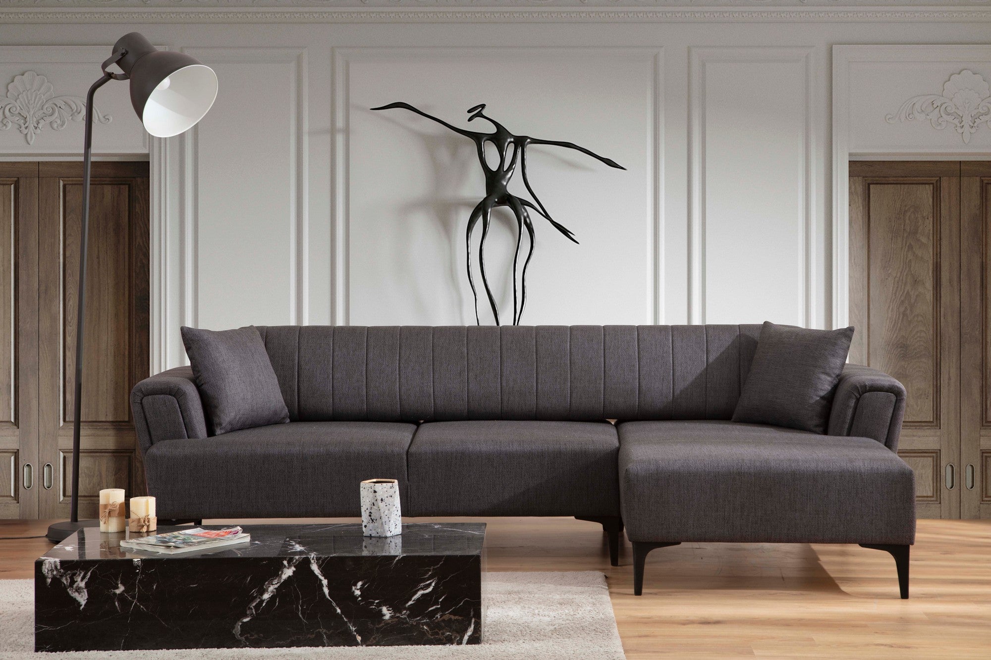 Sofá-cama de canto elegante, cinza escuro, 270x140 cm | Estrutura em madeira de faia e aglomerado, 100% poliéster | Mecanismo giratório, fácil manutenção, design moderno