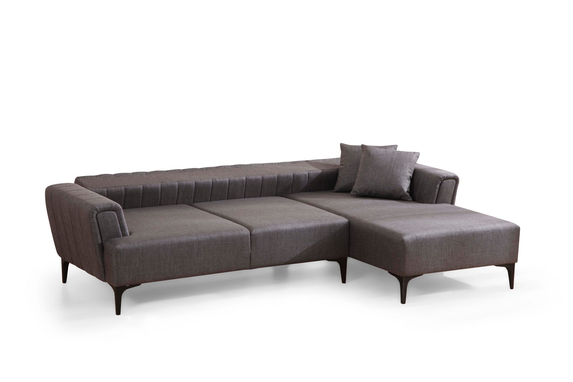 Sofá-cama de canto elegante, cinza escuro, 270x140 cm | Estrutura em madeira de faia e aglomerado, 100% poliéster | Mecanismo giratório, fácil manutenção, design moderno