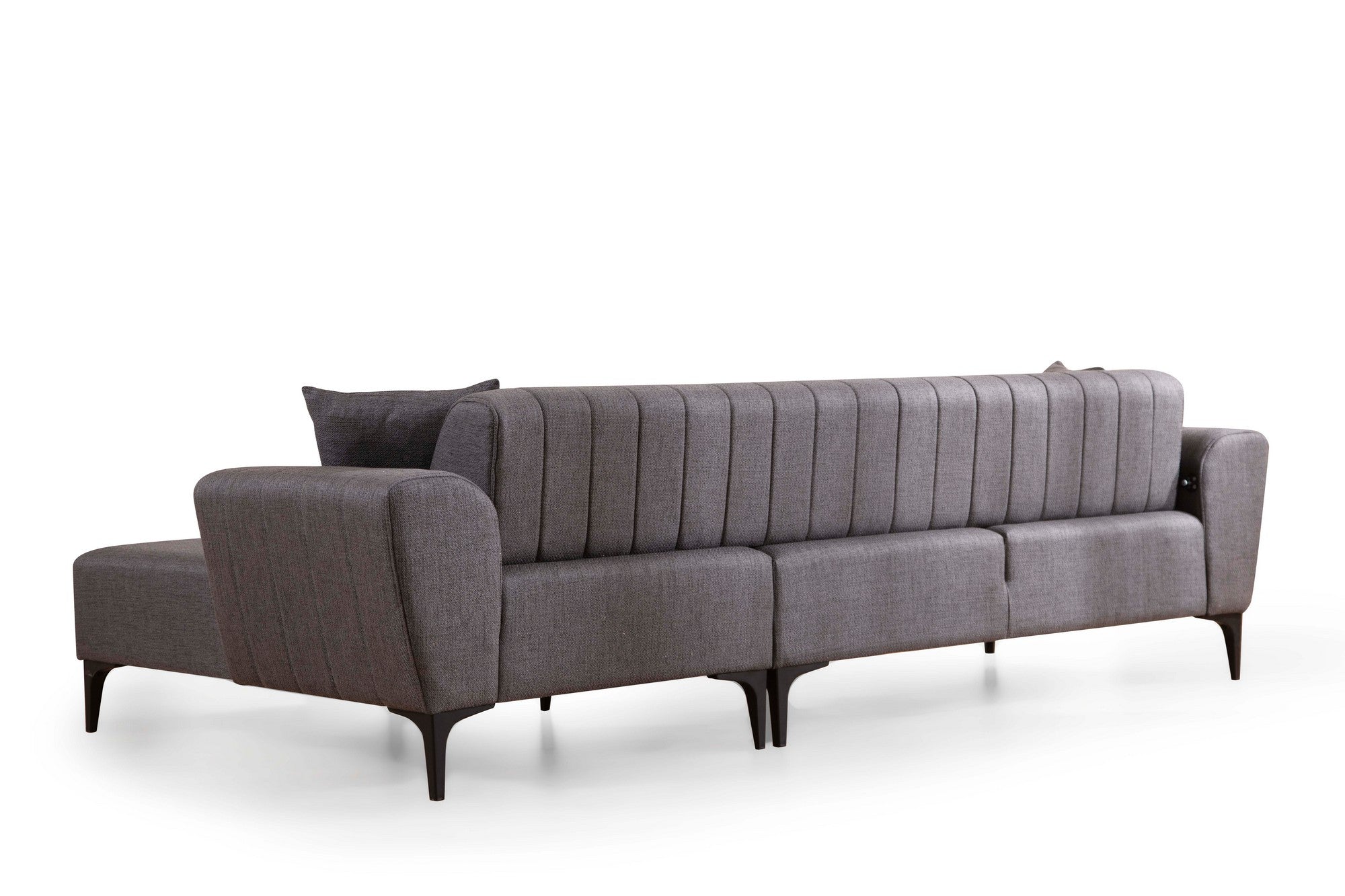 Sofá-cama de canto elegante, cinza escuro, 270x140 cm | Estrutura em madeira de faia e aglomerado, 100% poliéster | Mecanismo giratório, fácil manutenção, design moderno