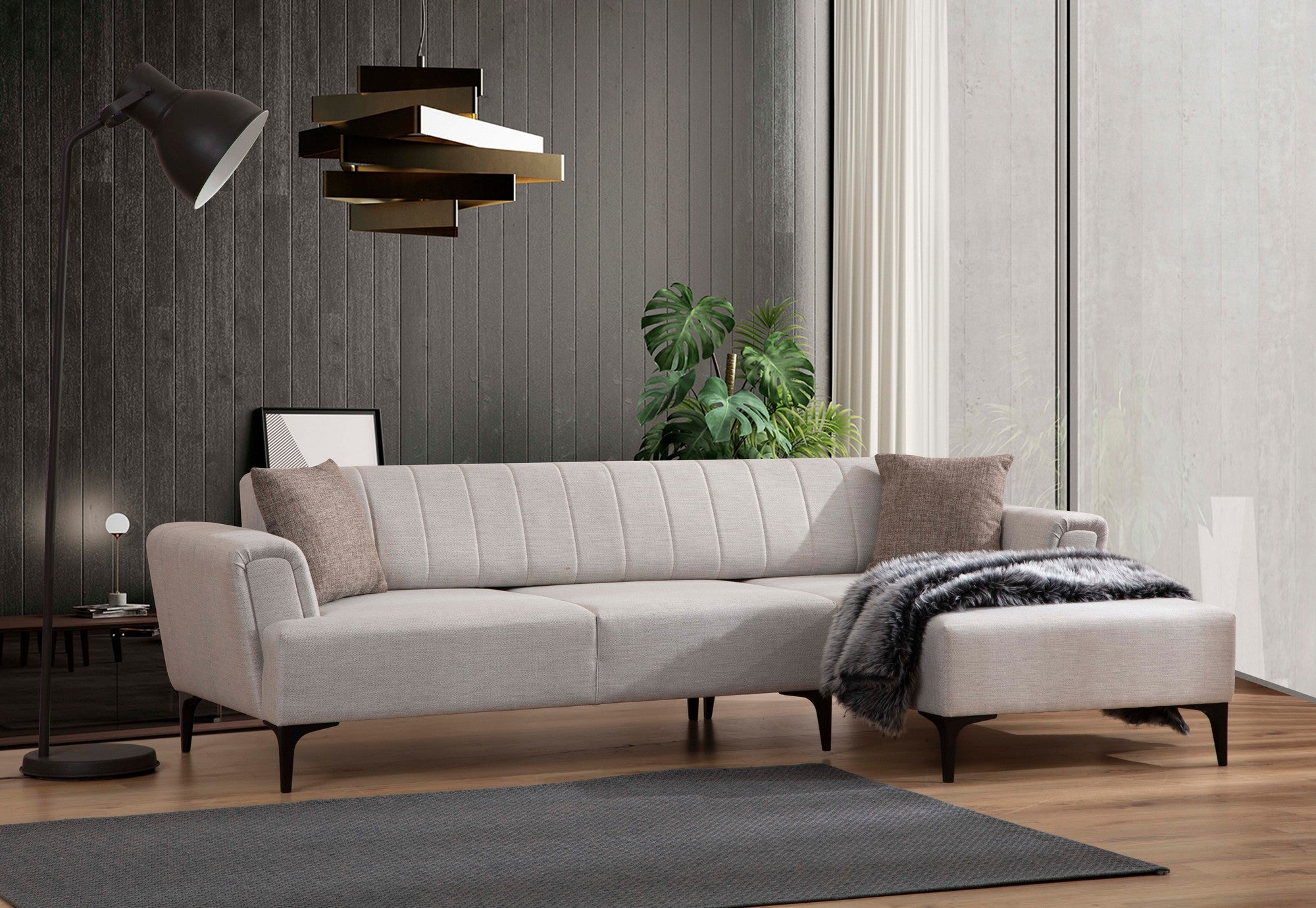 Sofá-cama de canto elegante, cru, 270x140 cm | Estrutura em madeira de faia e aglomerado, 100% poliéster | Mecanismo giratório do encosto, conforto em espuma macia | Design moderno