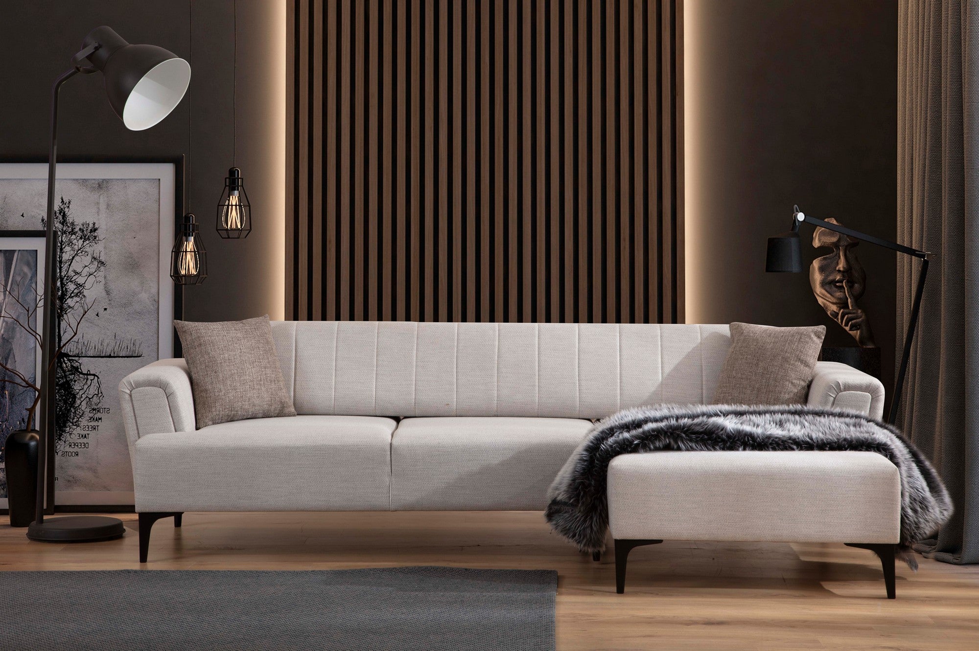Sofá-cama de canto elegante, cru, 270x140 cm | Estrutura em madeira de faia e aglomerado, 100% poliéster | Mecanismo giratório do encosto, conforto em espuma macia | Design moderno