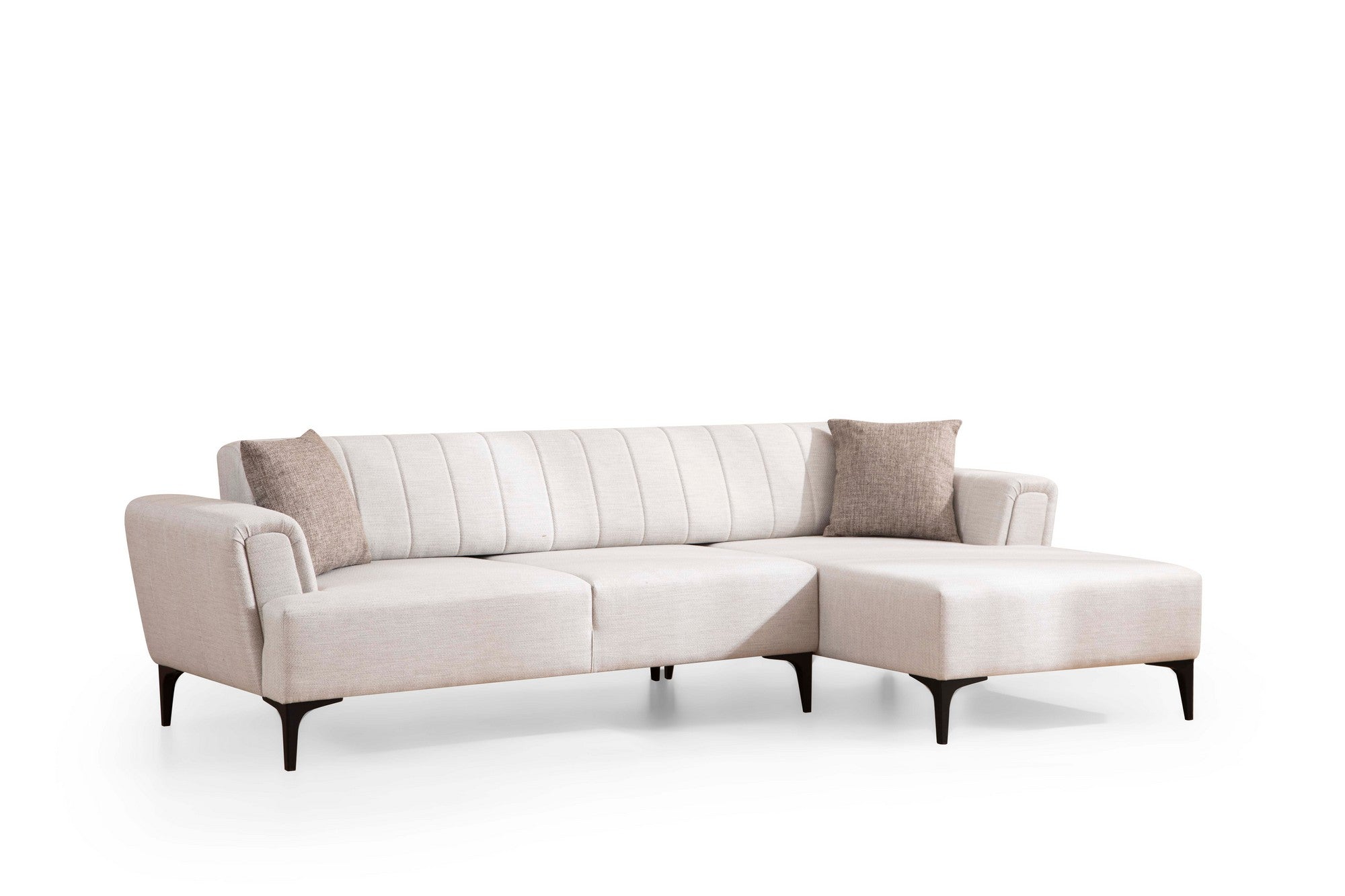Sofá-cama de canto elegante, cru, 270x140 cm | Estrutura em madeira de faia e aglomerado, 100% poliéster | Mecanismo giratório do encosto, conforto em espuma macia | Design moderno
