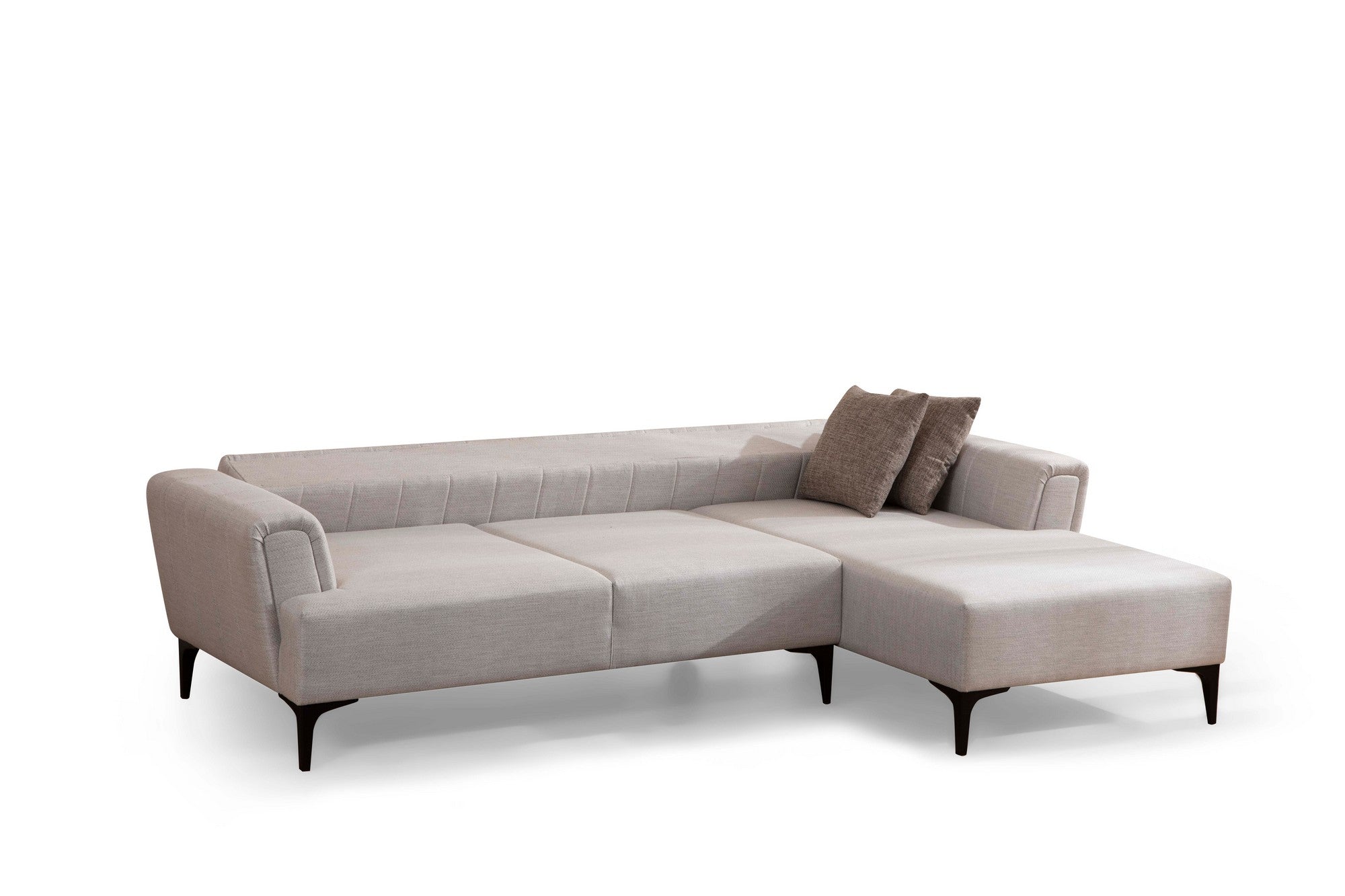 Sofá-cama de canto elegante, cru, 270x140 cm | Estrutura em madeira de faia e aglomerado, 100% poliéster | Mecanismo giratório do encosto, conforto em espuma macia | Design moderno