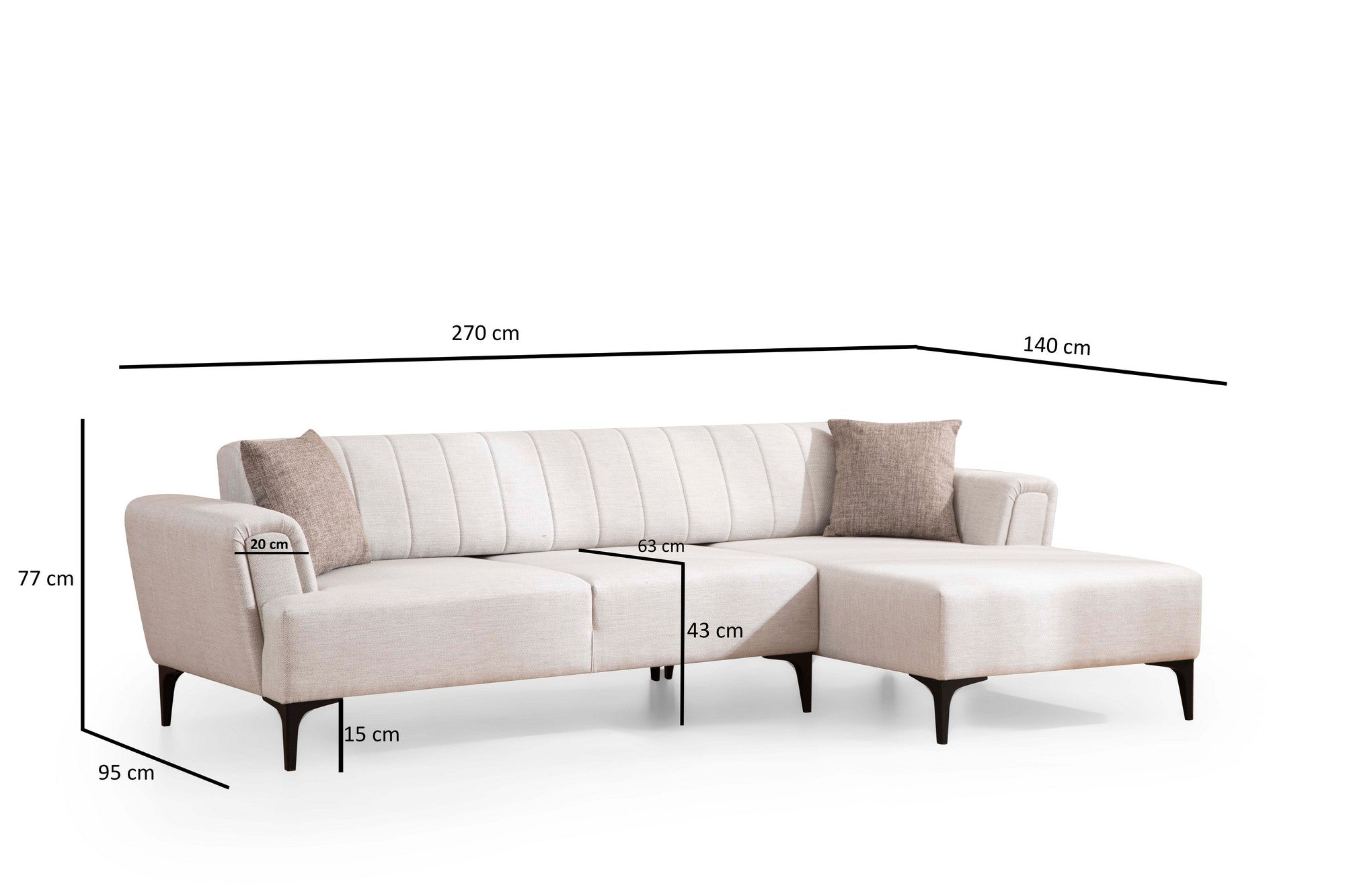 Sofá-cama de canto elegante, cru, 270x140 cm | Estrutura em madeira de faia e aglomerado, 100% poliéster | Mecanismo giratório do encosto, conforto em espuma macia | Design moderno