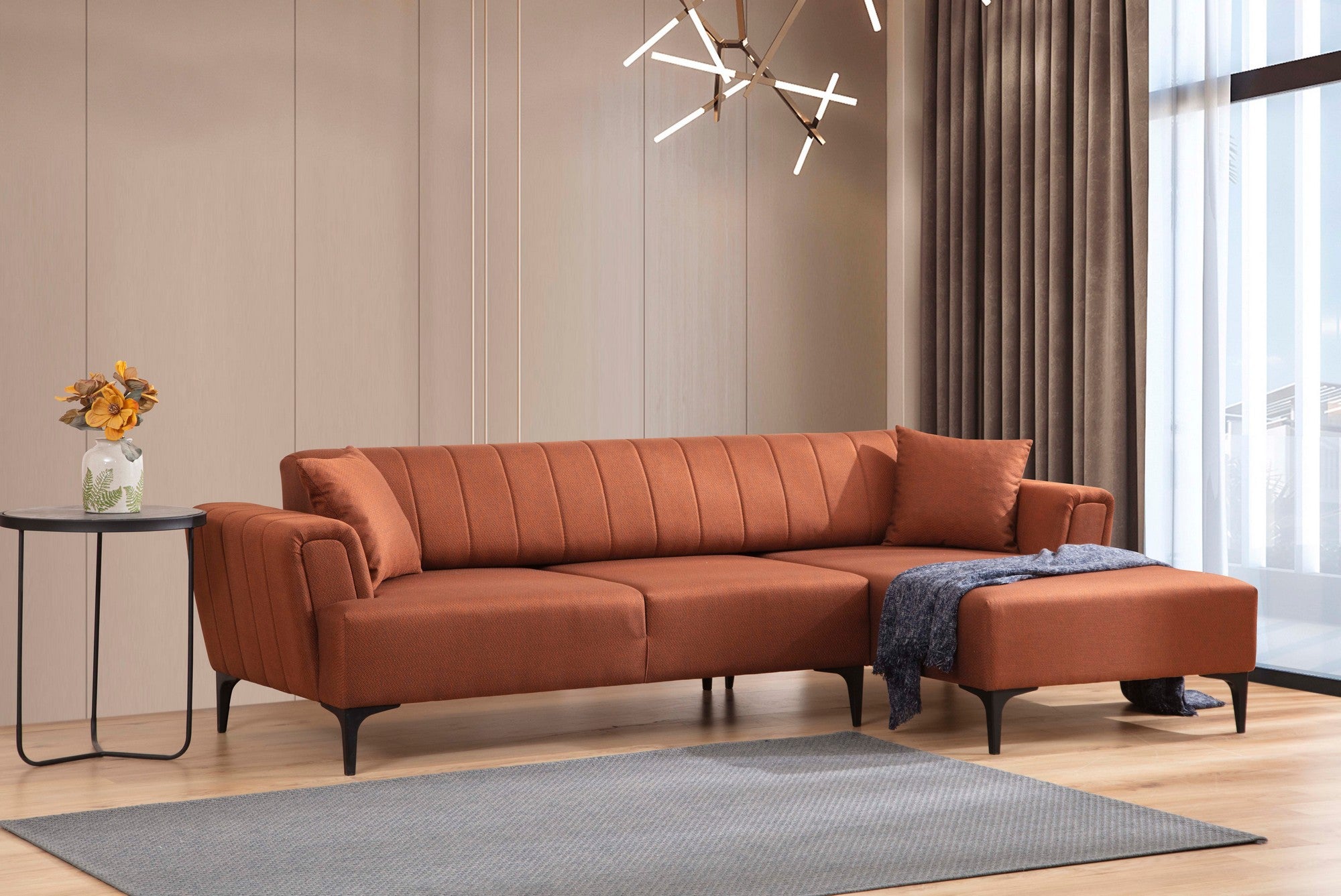 Sofá-cama de canto elegante, vermelho-azulejo, 270x140 cm | Estrutura em madeira de faia e aglomerado, 100% poliéster, mecanismo giratório | Perfeito para espaços de convivência modernos