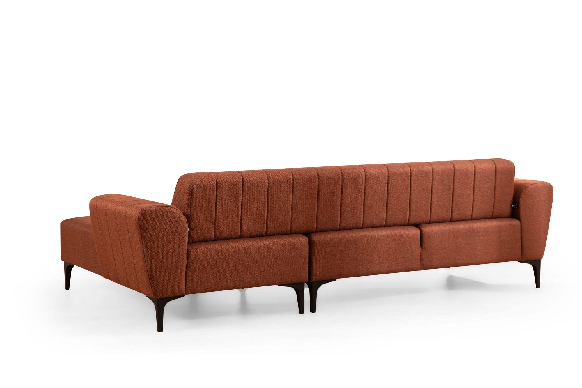 Sofá-cama de canto elegante, vermelho-azulejo, 270x140 cm | Estrutura em madeira de faia e aglomerado, 100% poliéster, mecanismo giratório | Perfeito para espaços de convivência modernos
