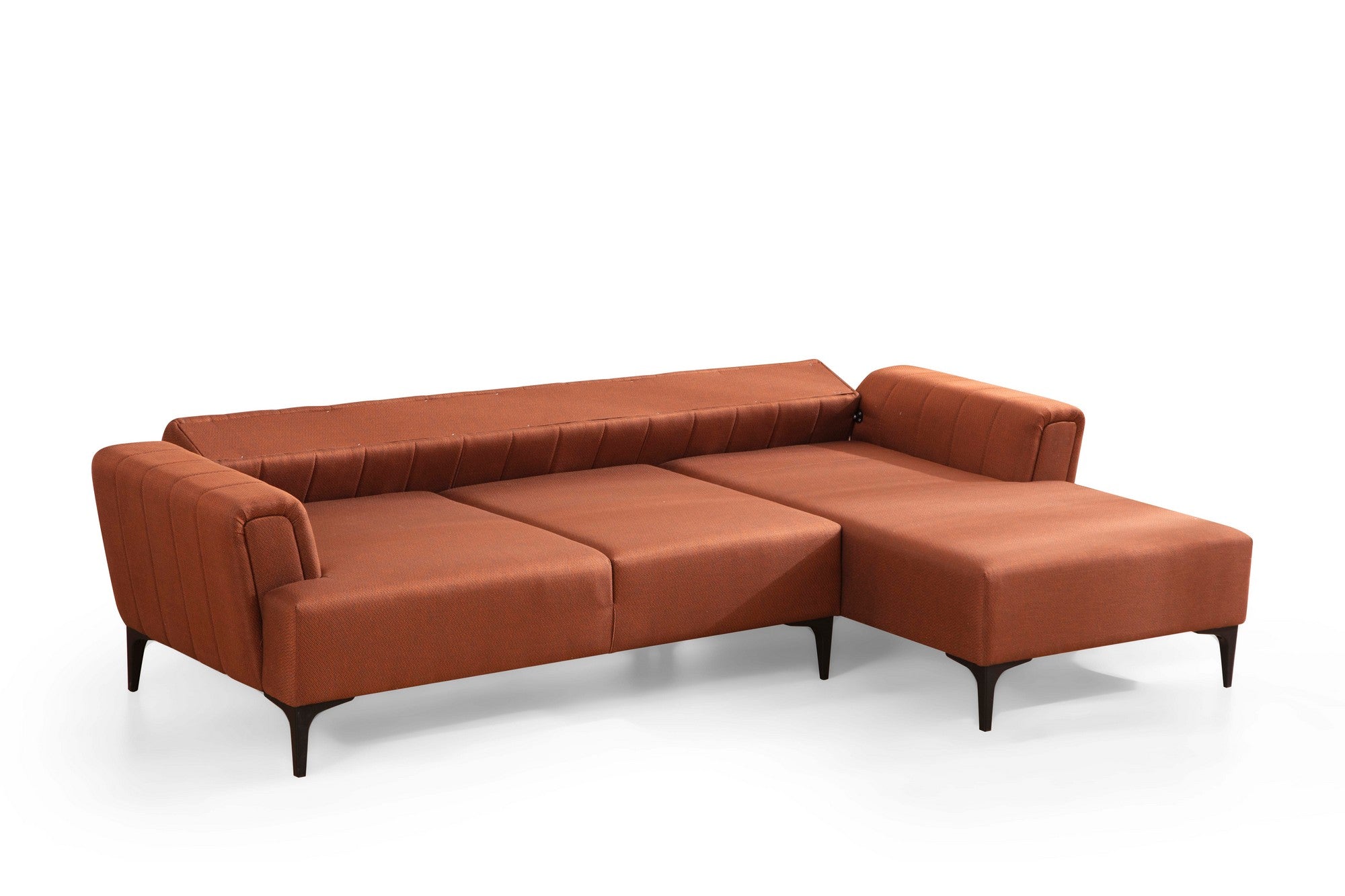 Sofá-cama de canto elegante, vermelho-azulejo, 270x140 cm | Estrutura em madeira de faia e aglomerado, 100% poliéster, mecanismo giratório | Perfeito para espaços de convivência modernos