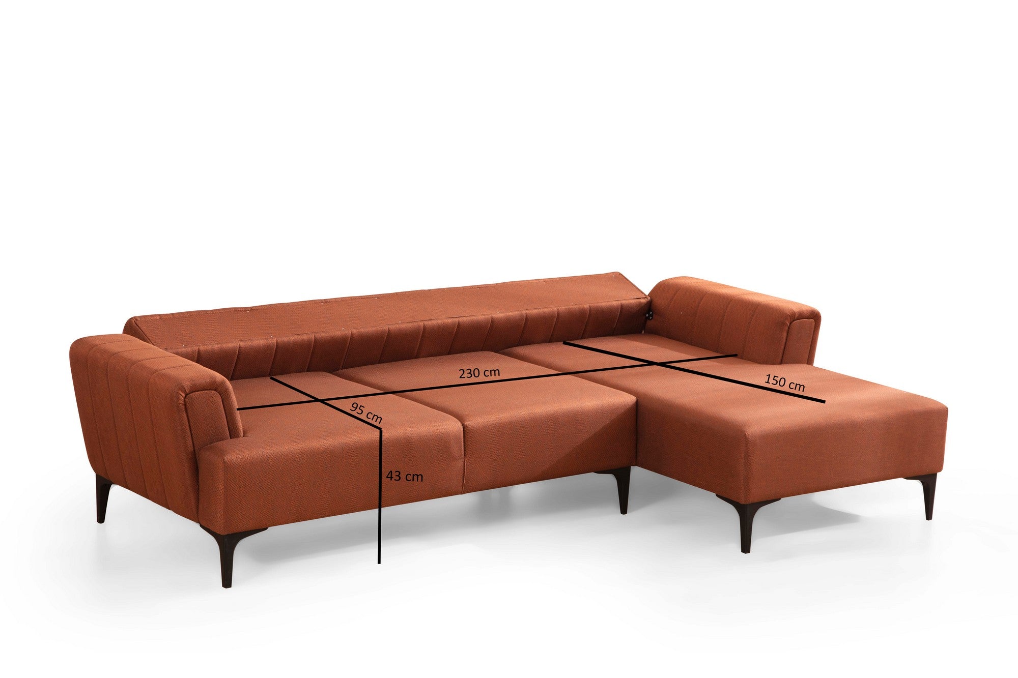 Sofá-cama de canto elegante, vermelho-azulejo, 270x140 cm | Estrutura em madeira de faia e aglomerado, 100% poliéster, mecanismo giratório | Perfeito para espaços de convivência modernos
