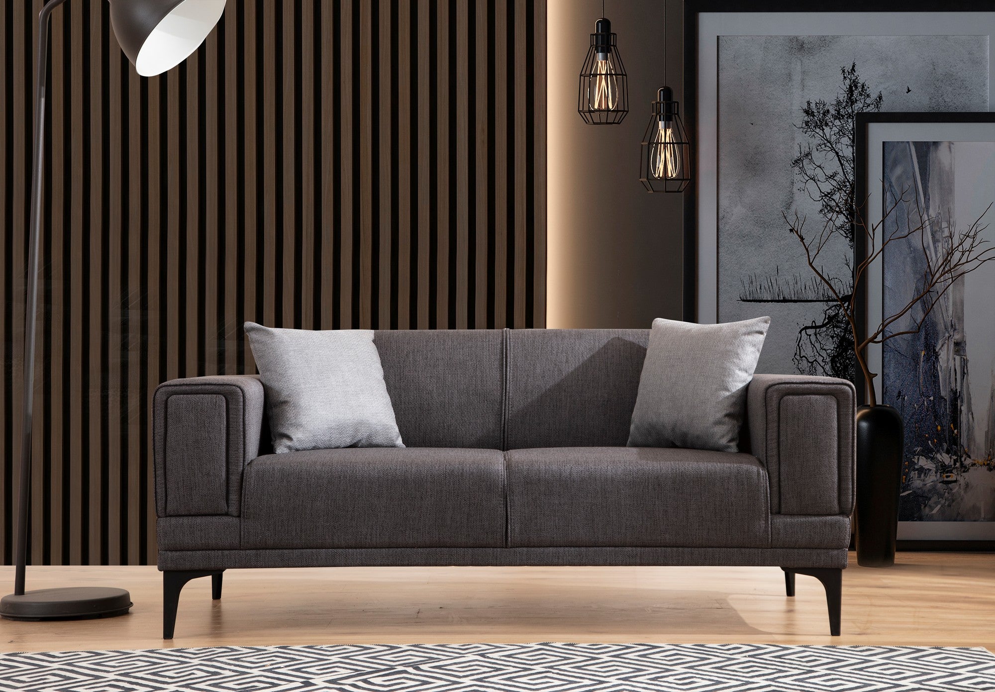 Sofá elegante de 2 lugares, cinza escuro, 170 x 85 x 77 cm | Estrutura em madeira de faia e aglomerado, 100% poliéster, almofadas de espuma macia | Fácil manutenção, design moderno