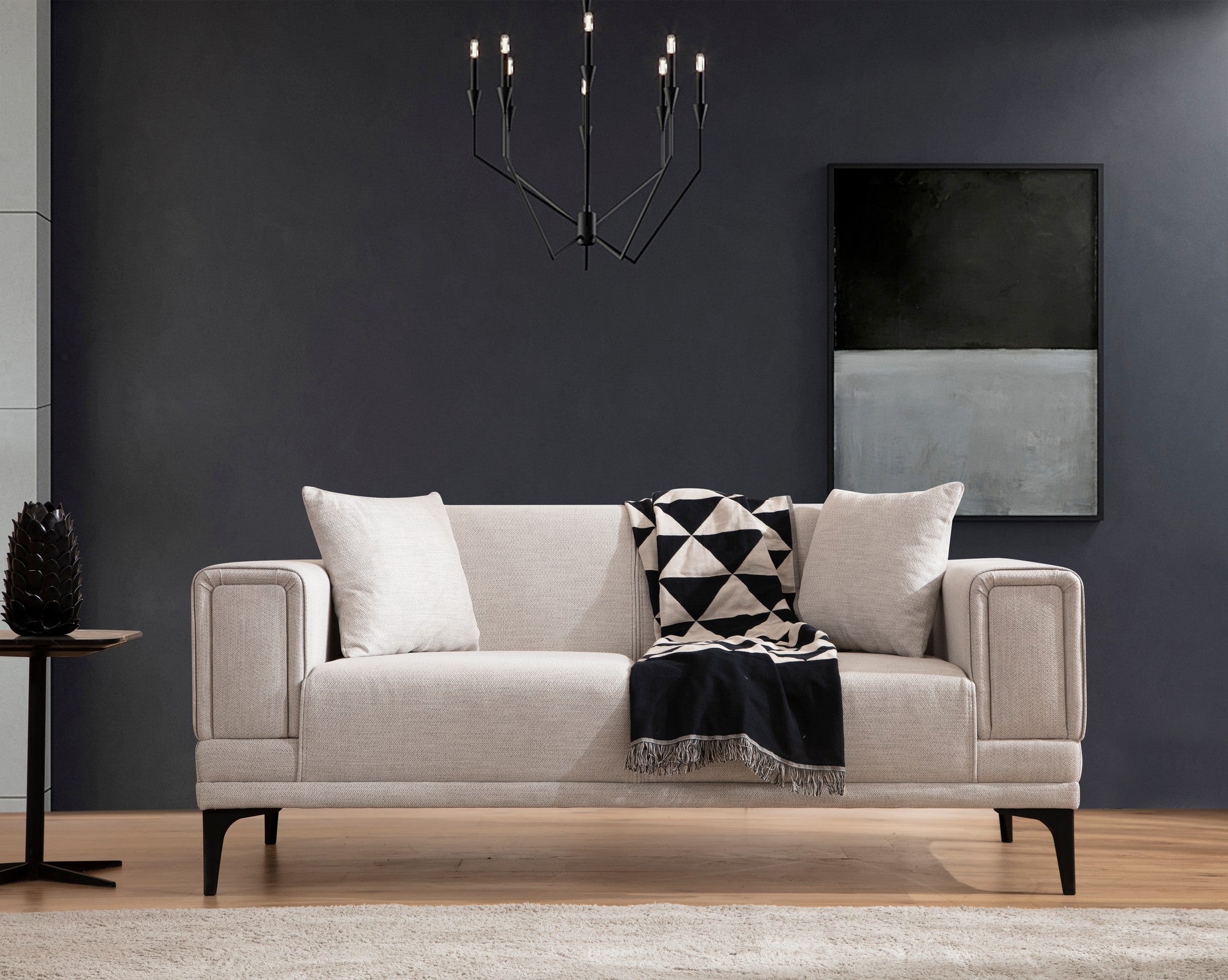 Sofá elegante de 2 lugares, cru, 170 x 85 x 77 cm | Estrutura em madeira de faia e aglomerado, 100% poliéster, almofadas de espuma macia | Fácil manutenção, design moderno para sala de estar