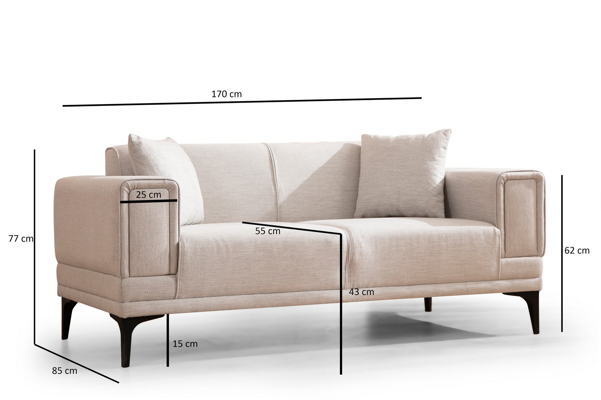 Sofá elegante de 2 lugares, cru, 170 x 85 x 77 cm | Estrutura em madeira de faia e aglomerado, 100% poliéster, almofadas de espuma macia | Fácil manutenção, design moderno para sala de estar