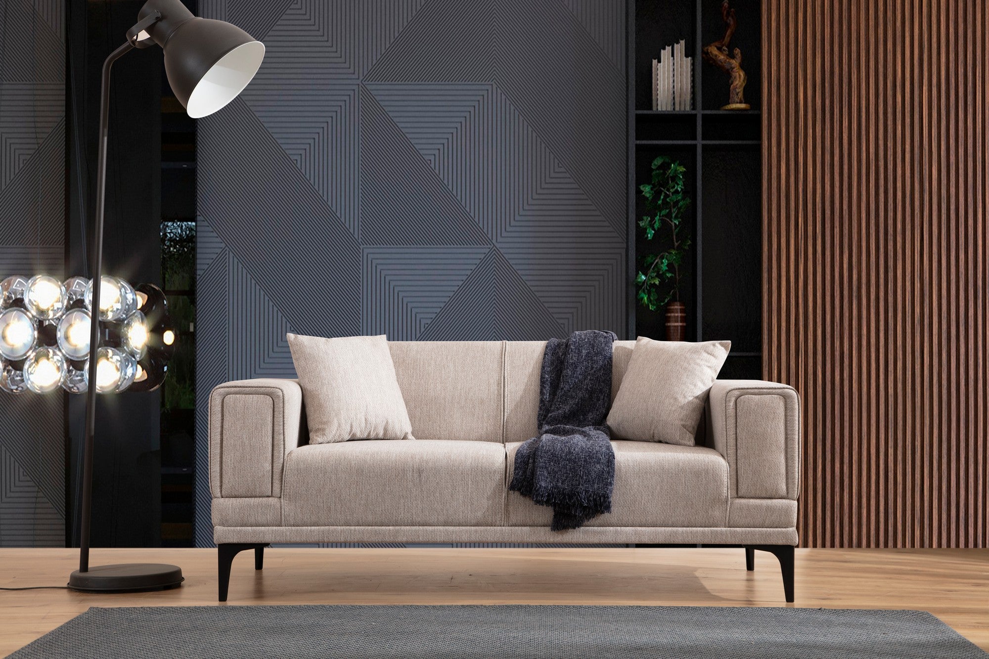 Sofá elegante de 2 lugares, marrom claro, 170 x 85 x 77 cm | Estrutura em madeira de faia e aglomerado, tecido 100% poliéster | Almofadas de espuma macia, design de fácil manutenção