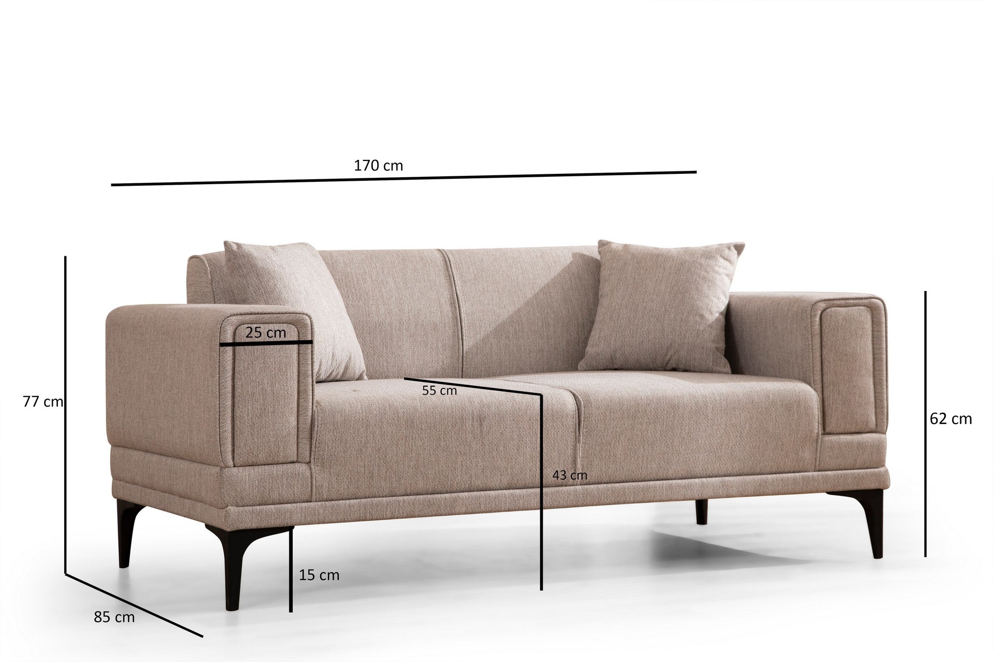 Sofá elegante de 2 lugares, marrom claro, 170 x 85 x 77 cm | Estrutura em madeira de faia e aglomerado, tecido 100% poliéster | Almofadas de espuma macia, design de fácil manutenção