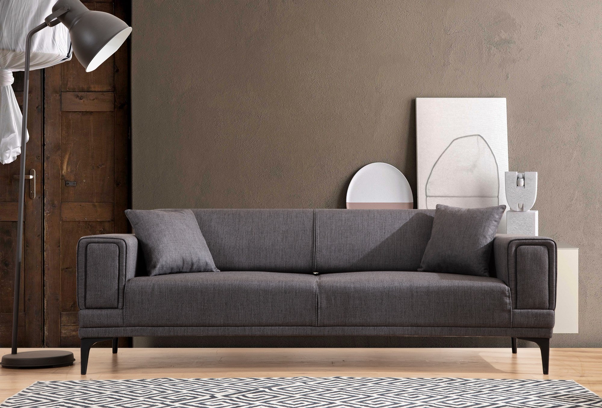 Sofá-cama elegante de 3 lugares, cinza escuro, 230 x 95 x 77 cm | Estrutura em madeira de faia, 100% poliéster, mecanismo giratório | Perfeito para espaços modernos