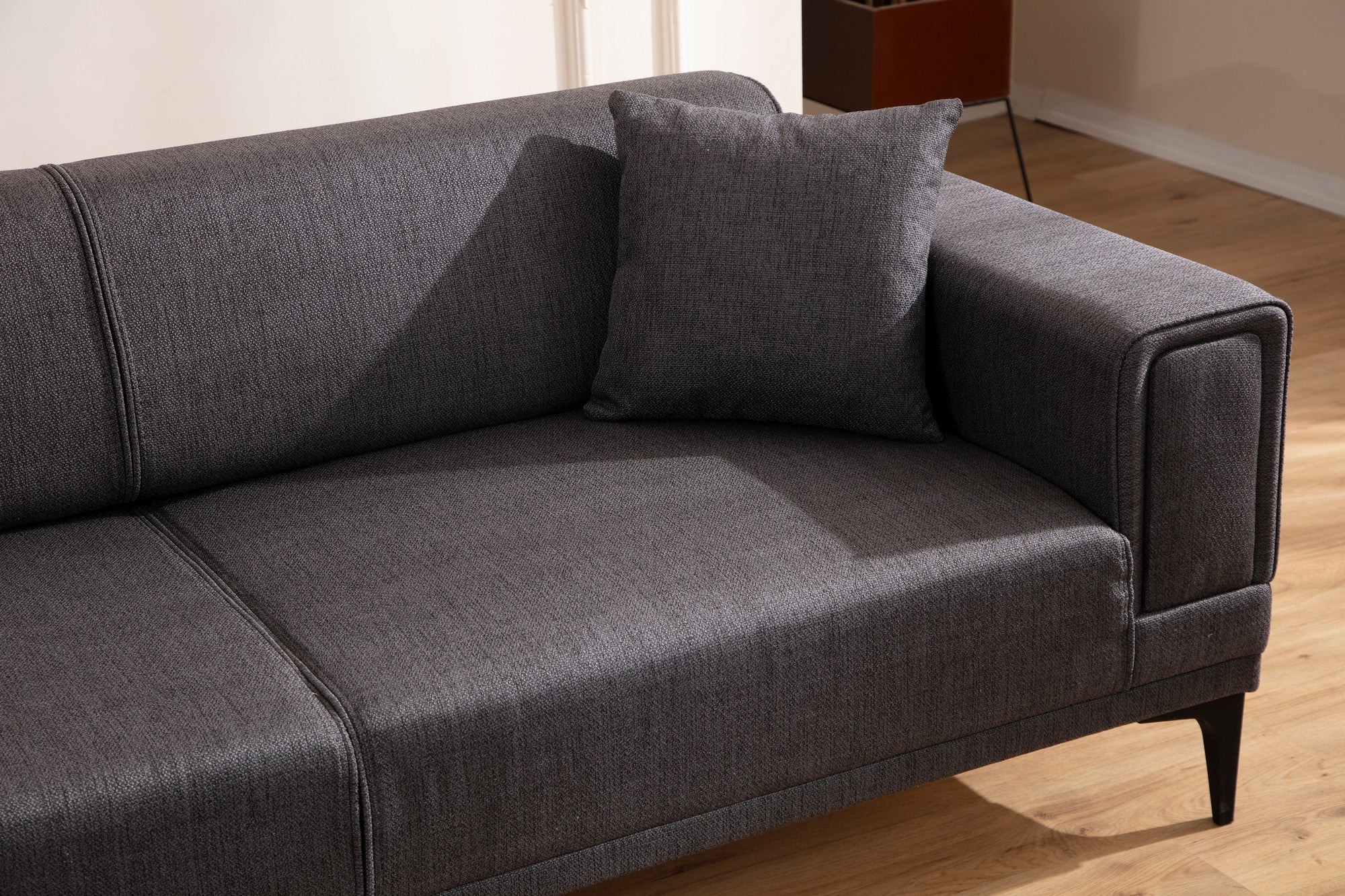Sofá-cama elegante de 3 lugares, cinza escuro, 230 x 95 x 77 cm | Estrutura em madeira de faia, 100% poliéster, mecanismo giratório | Perfeito para espaços modernos