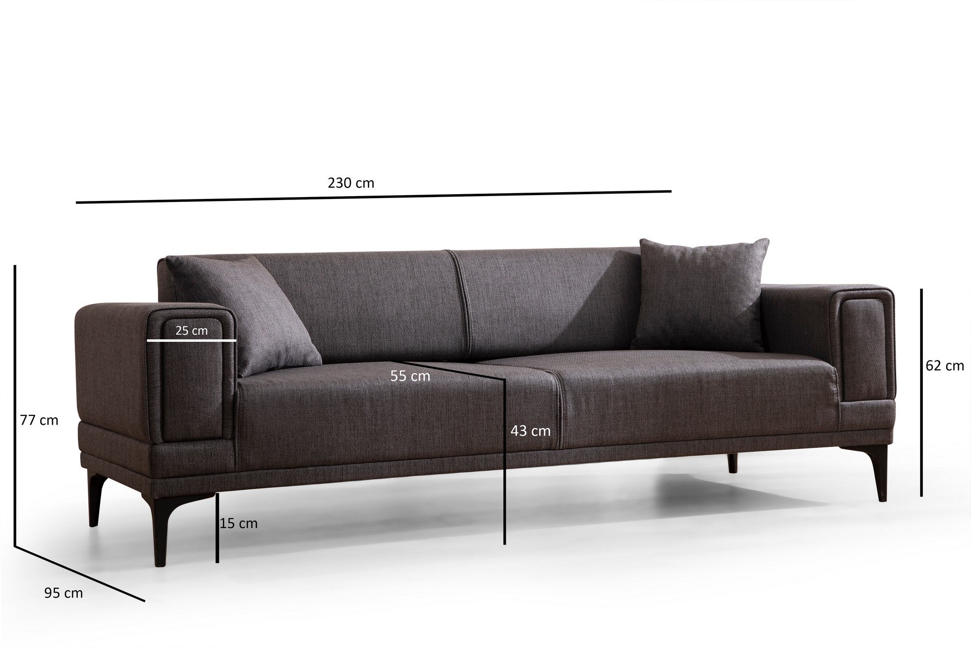 Sofá-cama elegante de 3 lugares, cinza escuro, 230 x 95 x 77 cm | Estrutura em madeira de faia, 100% poliéster, mecanismo giratório | Perfeito para espaços modernos