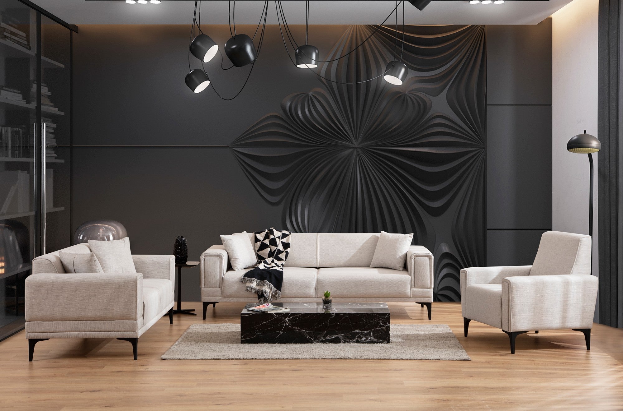 Sofá-cama elegante de 3 lugares, cru, 215 x 85 x 77 cm | Estrutura em madeira de faia, 100% poliéster, mecanismo giratório | Confortável e versátil para espaços modernos