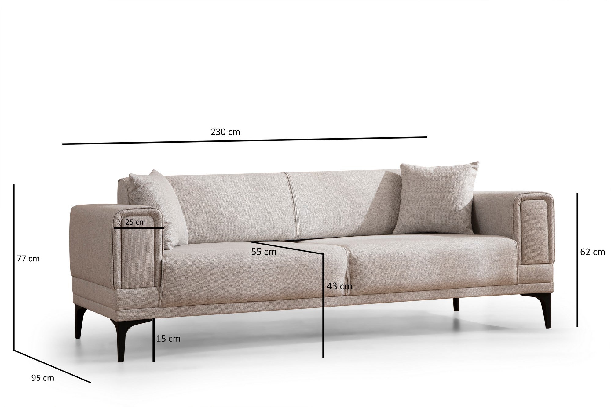 Sofá-cama elegante de 3 lugares, cru, 215 x 85 x 77 cm | Estrutura em madeira de faia, 100% poliéster, mecanismo giratório | Confortável e versátil para espaços modernos