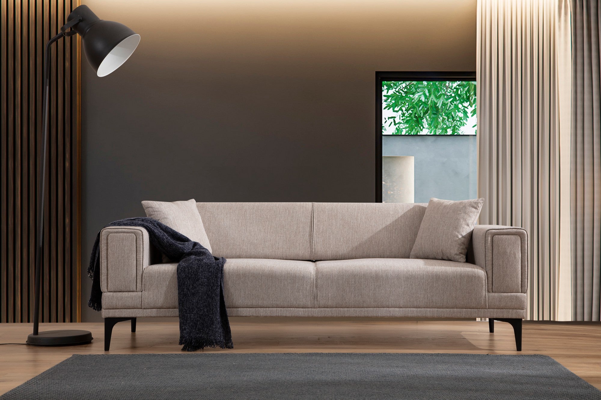 Sofá-cama elegante de 3 lugares, marrom claro, 230 x 95 x 77 cm | Estrutura em madeira de faia, 100% poliéster, mecanismo giratório | Perfeito para salas de estar modernas e espaços para hóspedes