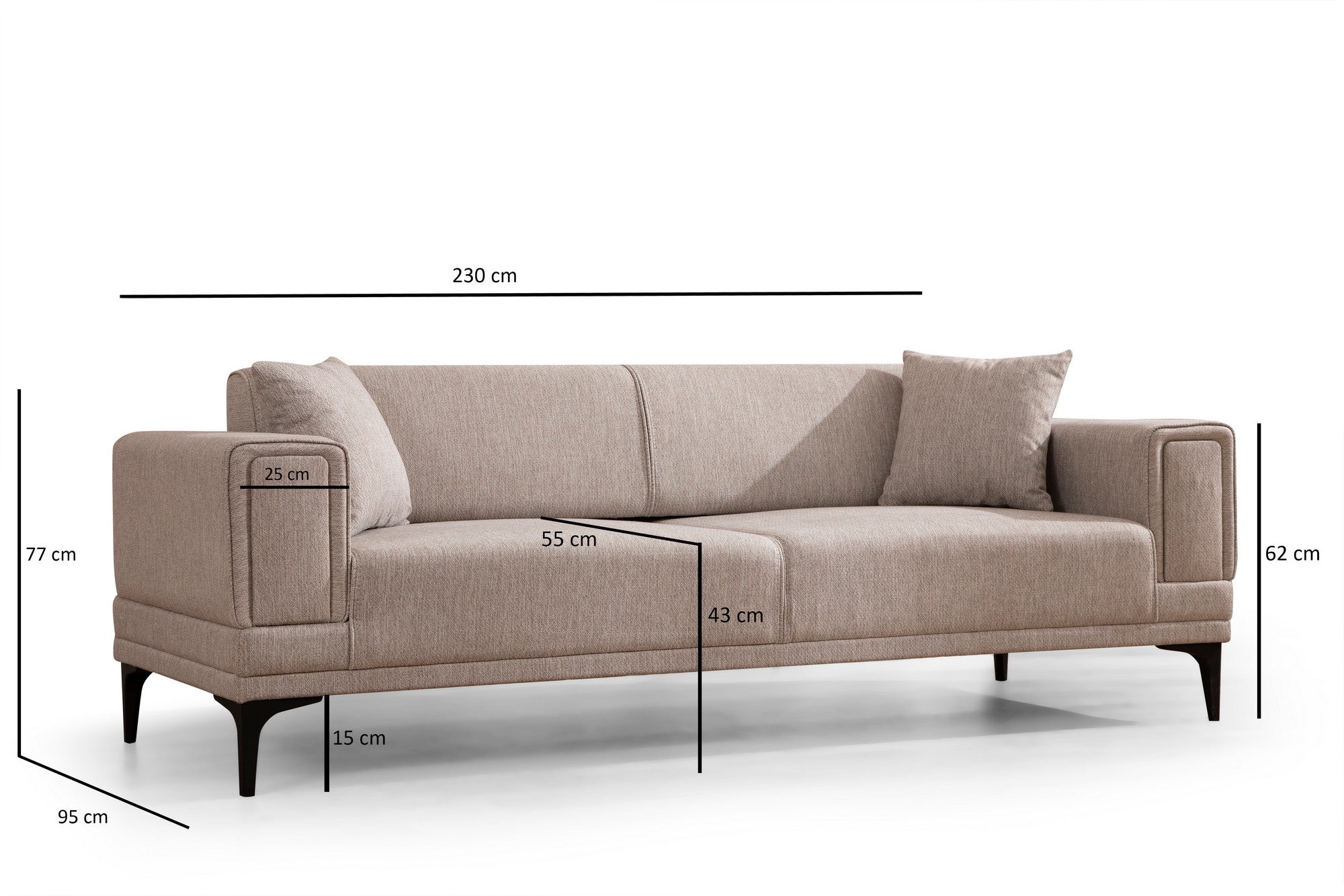Sofá-cama elegante de 3 lugares, marrom claro, 230 x 95 x 77 cm | Estrutura em madeira de faia, 100% poliéster, mecanismo giratório | Perfeito para salas de estar modernas e espaços para hóspedes