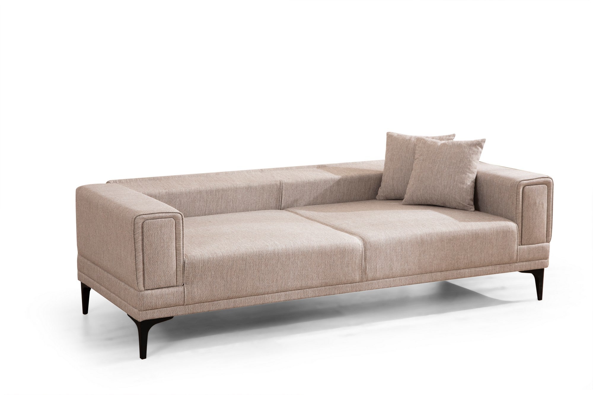 Sofá-cama elegante de 3 lugares, marrom claro, 230 x 95 x 77 cm | Estrutura em madeira de faia, 100% poliéster, mecanismo giratório | Perfeito para salas de estar modernas e espaços para hóspedes