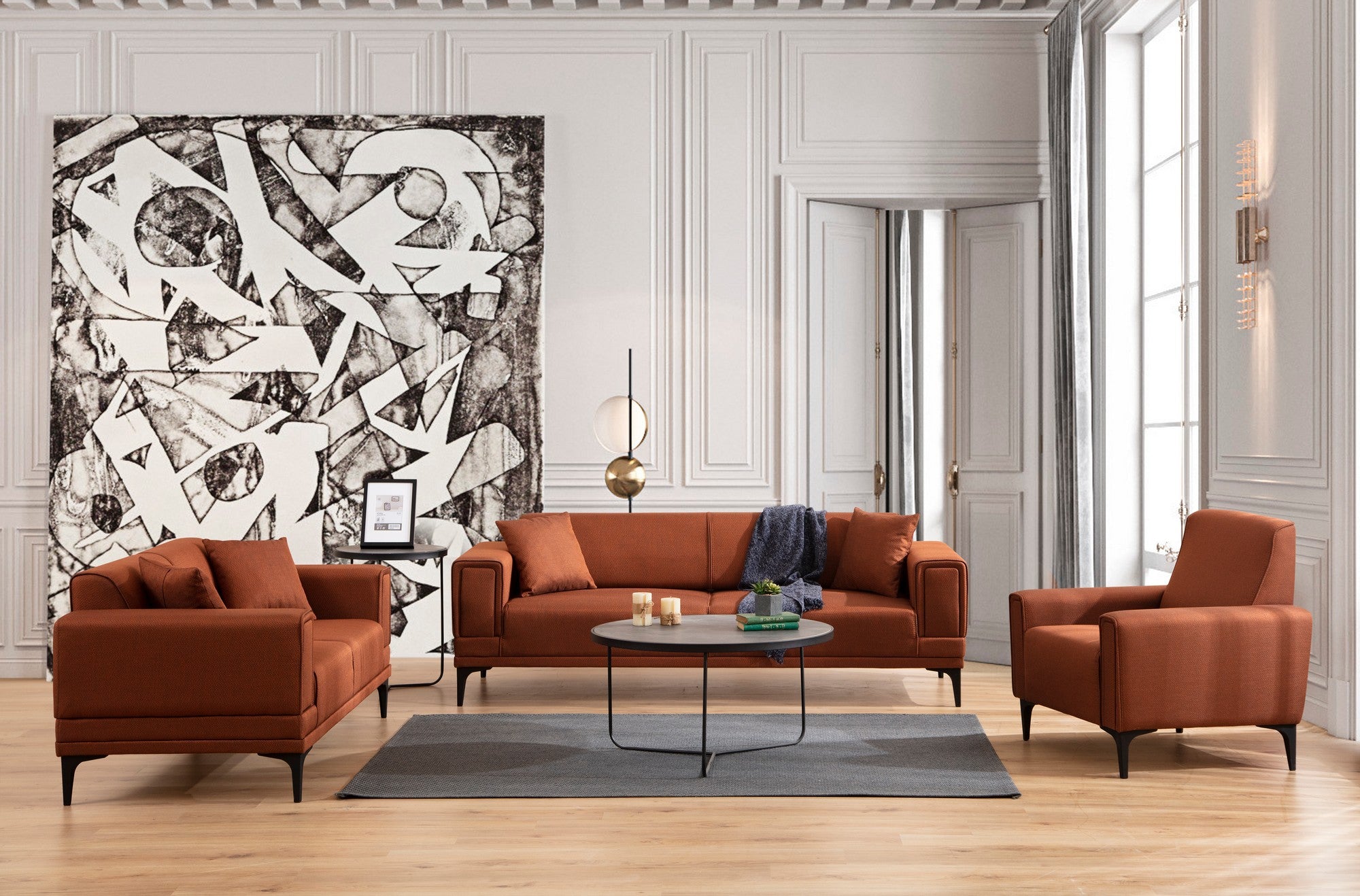 Sofá-cama elegante de 3 lugares, vermelho-azulejo, 230 x 95 x 77 cm | Estrutura em madeira de faia, 100% poliéster, mecanismo giratório | Perfeito para espaços modernos