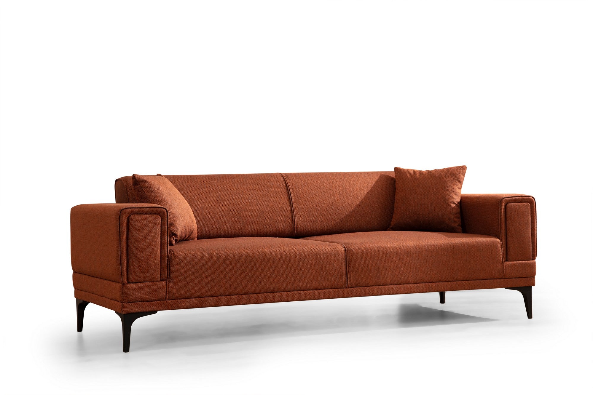 Sofá-cama elegante de 3 lugares, vermelho-azulejo, 230 x 95 x 77 cm | Estrutura em madeira de faia, 100% poliéster, mecanismo giratório | Perfeito para espaços modernos