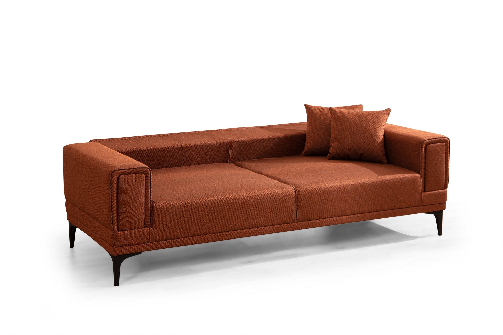 Sofá-cama elegante de 3 lugares, vermelho-azulejo, 230 x 95 x 77 cm | Estrutura em madeira de faia, 100% poliéster, mecanismo giratório | Perfeito para espaços modernos