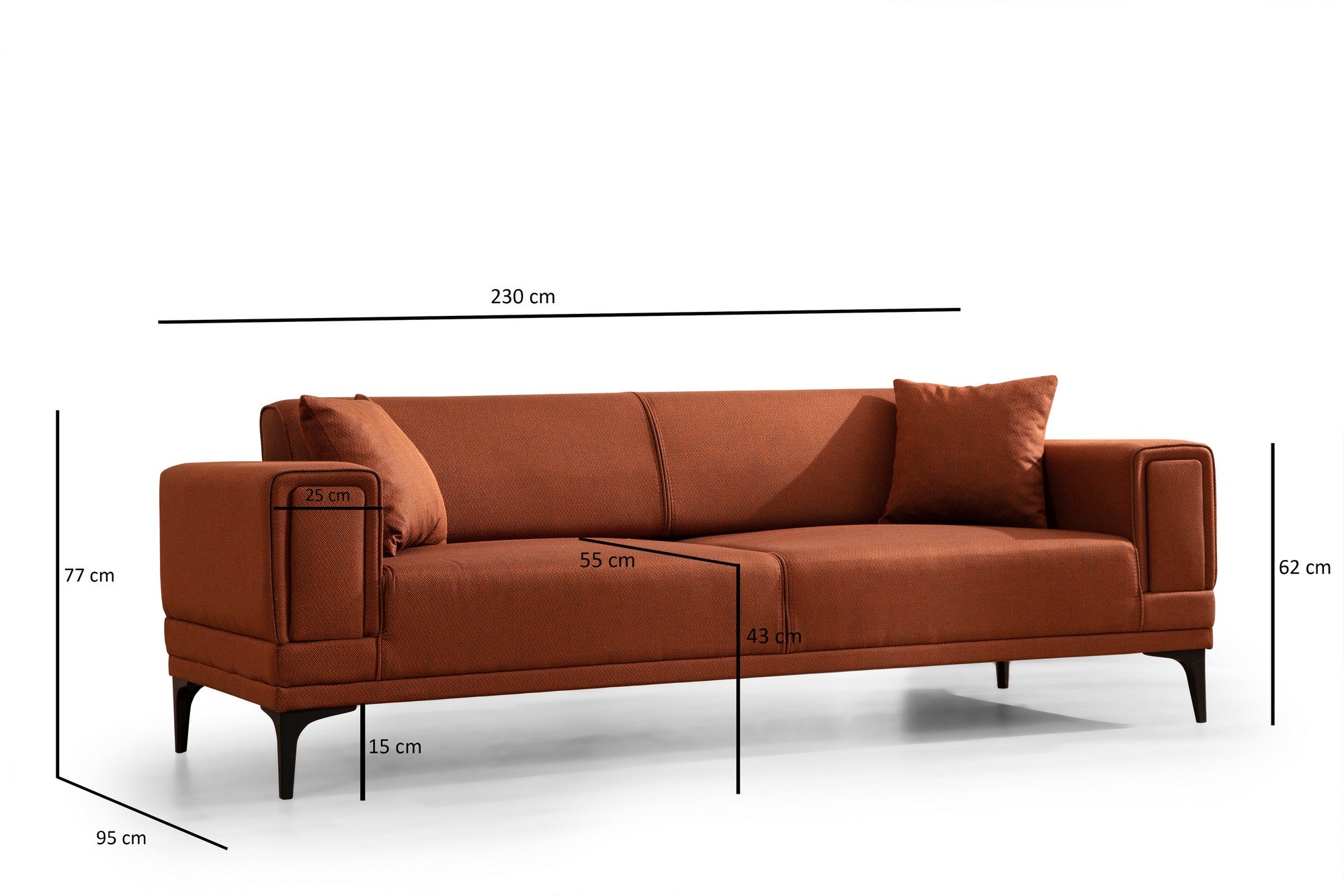 Sofá-cama elegante de 3 lugares, vermelho-azulejo, 230 x 95 x 77 cm | Estrutura em madeira de faia, 100% poliéster, mecanismo giratório | Perfeito para espaços modernos