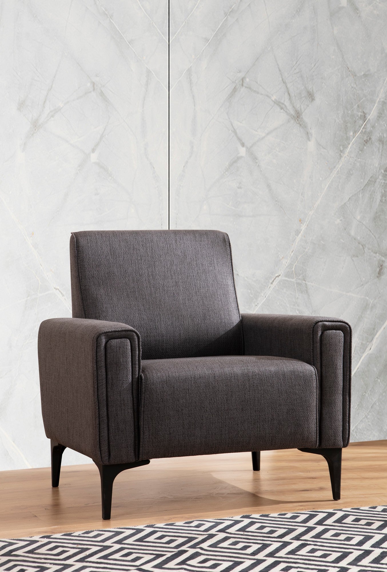 Sofá elegante de 1 lugar, cinza escuro, 90 x 85 x 77 cm | Estrutura em madeira de faia e aglomerado, tecido 100% poliéster | Almofadas de espuma macia, design de fácil manutenção
