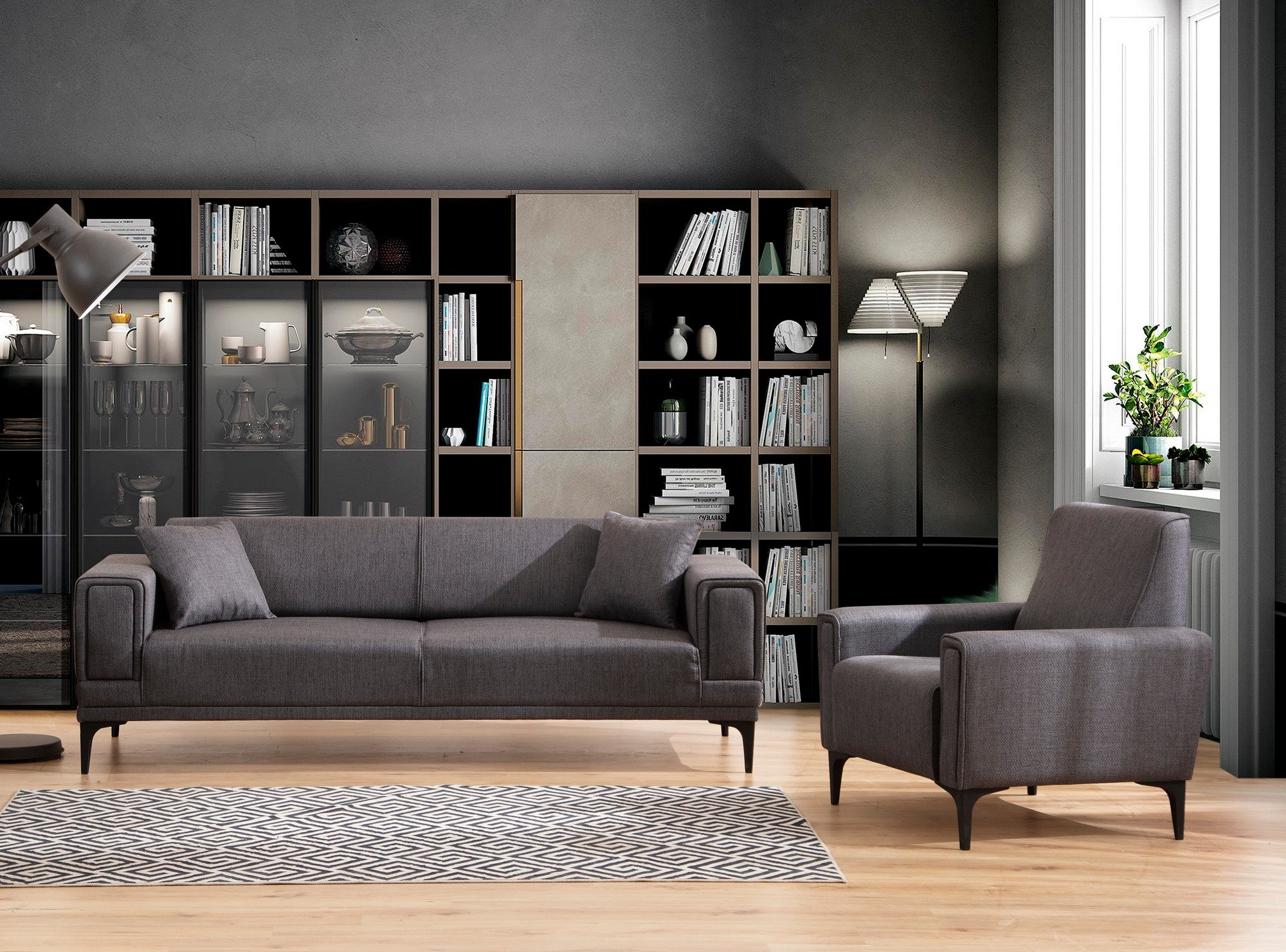 Sofá elegante de 1 lugar, cinza escuro, 90 x 85 x 77 cm | Estrutura em madeira de faia e aglomerado, tecido 100% poliéster | Almofadas de espuma macia, design de fácil manutenção
