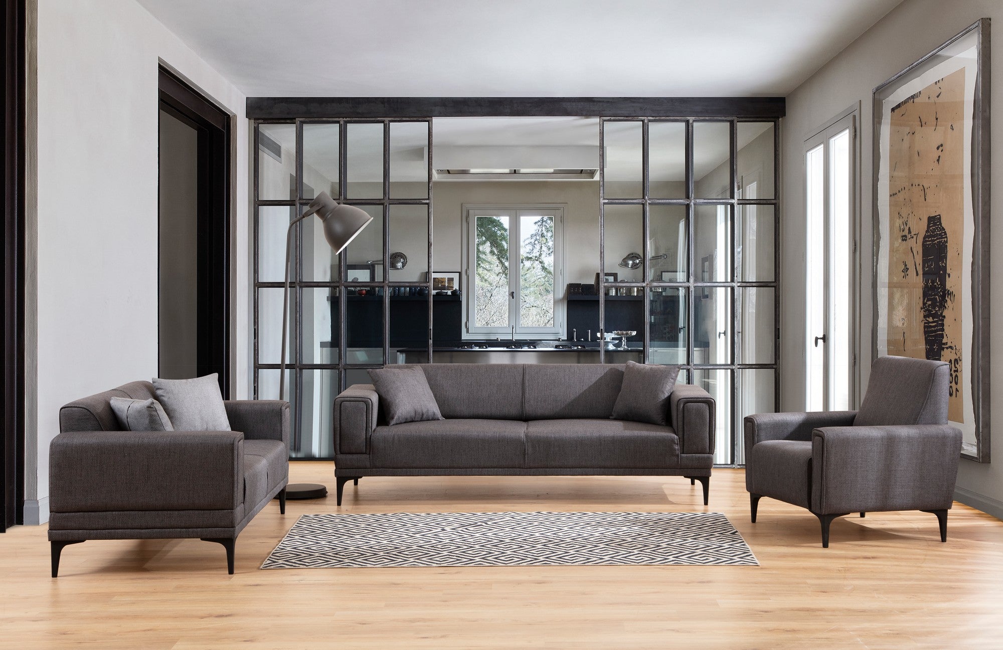 Sofá elegante de 1 lugar, cinza escuro, 90 x 85 x 77 cm | Estrutura em madeira de faia e aglomerado, tecido 100% poliéster | Almofadas de espuma macia, design de fácil manutenção