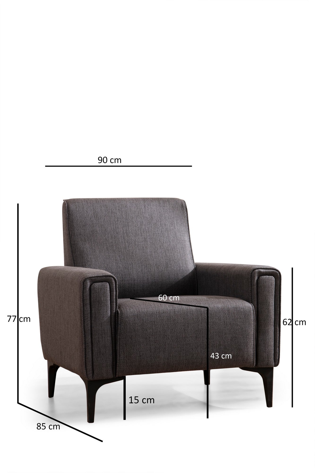 Sofá elegante de 1 lugar, cinza escuro, 90 x 85 x 77 cm | Estrutura em madeira de faia e aglomerado, tecido 100% poliéster | Almofadas de espuma macia, design de fácil manutenção