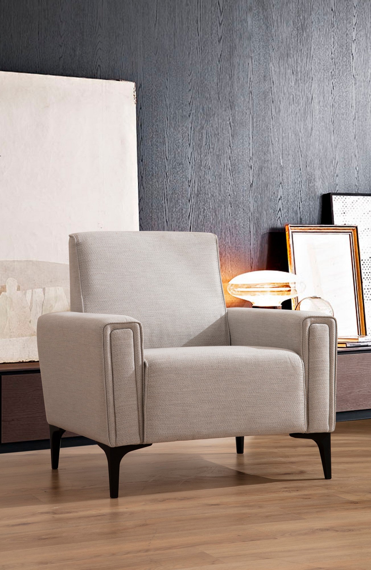 Sofá elegante de 1 lugar, cru, 90 x 85 x 77 cm | Estrutura em madeira de faia e aglomerado, tecido 100% poliéster | Almofadas de espuma macia, design fácil de limpar, conforto moderno