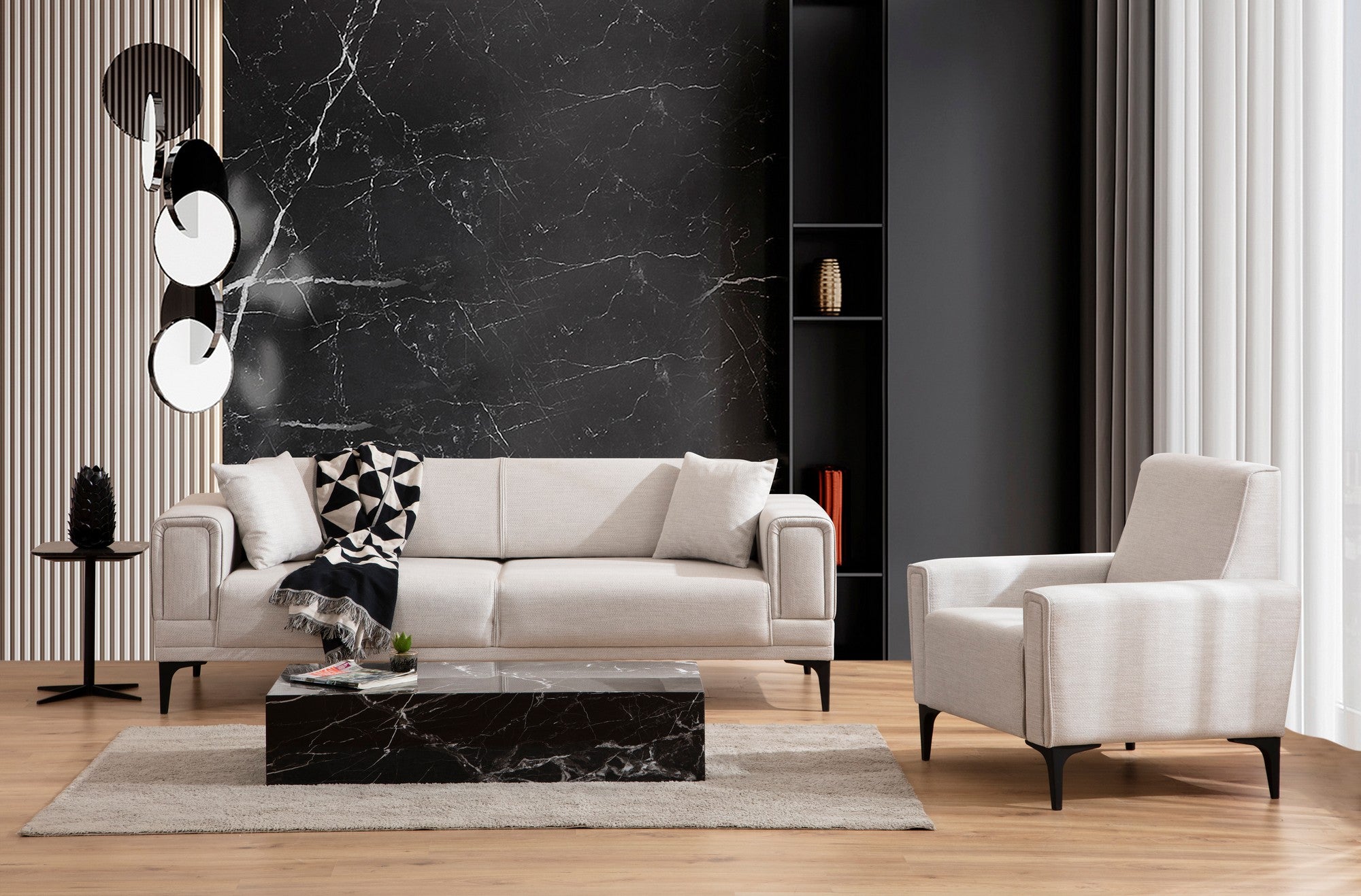 Sofá elegante de 1 lugar, cru, 90 x 85 x 77 cm | Estrutura em madeira de faia e aglomerado, tecido 100% poliéster | Almofadas de espuma macia, design fácil de limpar, conforto moderno