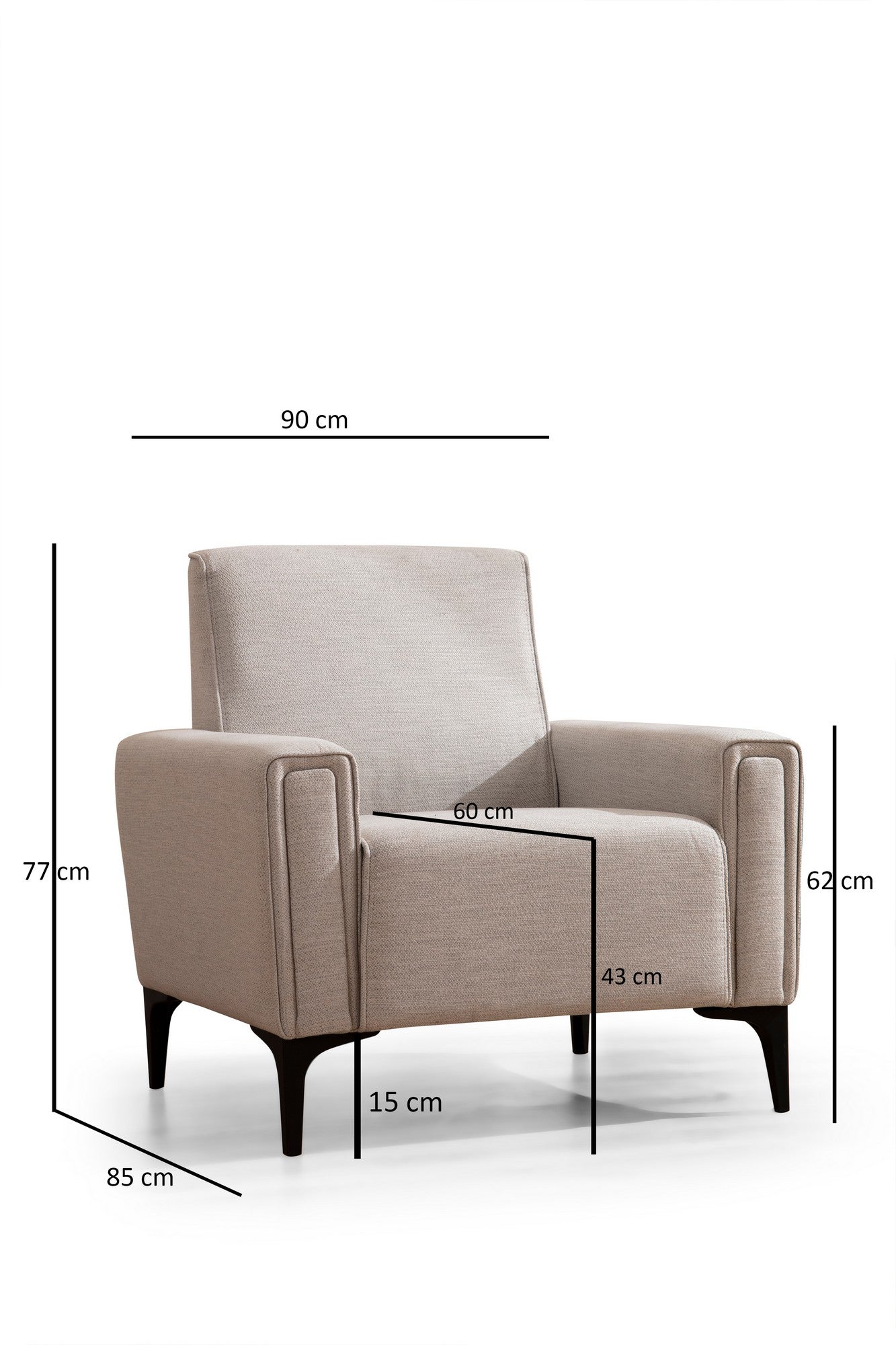 Sofá elegante de 1 lugar, cru, 90 x 85 x 77 cm | Estrutura em madeira de faia e aglomerado, tecido 100% poliéster | Almofadas de espuma macia, design fácil de limpar, conforto moderno